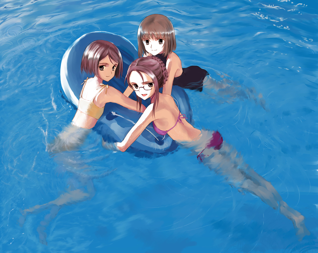 mocha, snowflake (artist), akanegi atsuko, asahina kyouko, asahina kyouko (kita e), harada akari, kita e, 00s, 3girls, bikini, brown eyes, brown hair, closed mouth, glasses, long legs, multiple girls, one-piece swimsuit, open mouth, short hair, side-tie bikini bottom, skinny, swimsuit, water