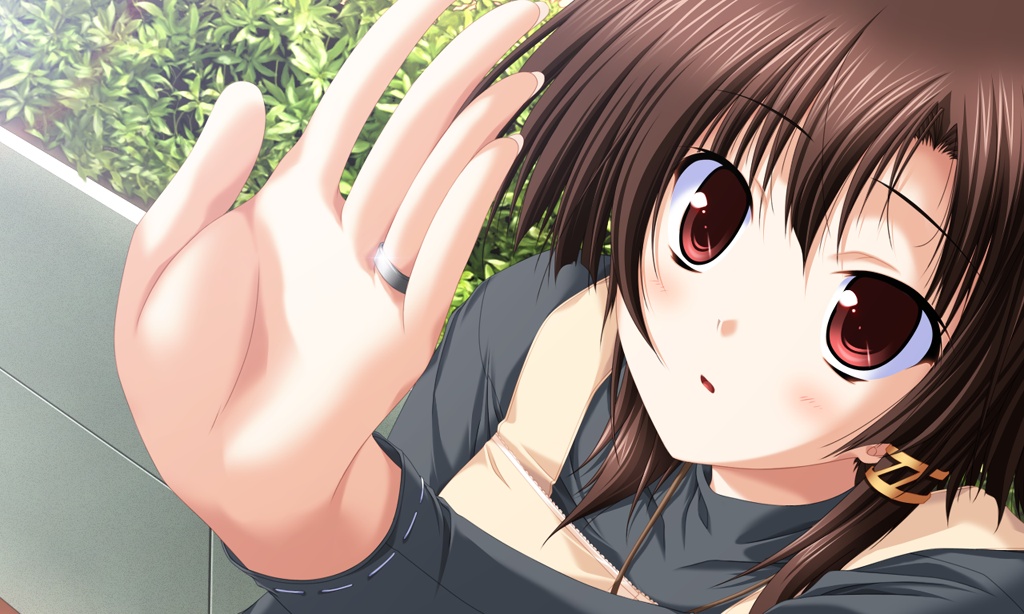 tsukimori hiro, niiyama aoi, akiiro ouka, akiiro renka, game cg, non-web source, 1girl, blush, brown eyes, brown hair, fingernails, hair tubes, hand up, jewelry, long sleeves, looking up, ring, short hair