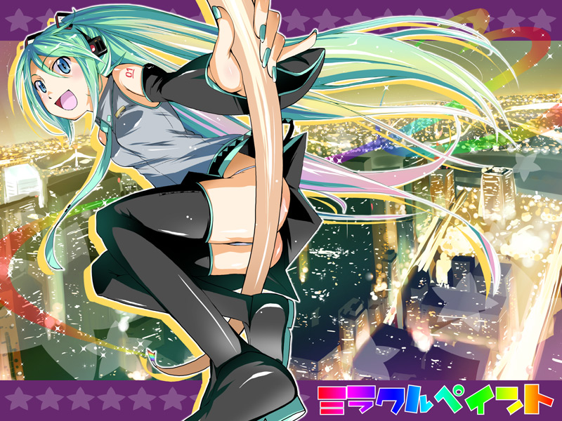 natsumi akira, hatsune miku, vocaloid, translation request, 1girl, aqua hair, aqua nails, female focus, nail polish, necktie, panties, solo, text focus, thighhighs, twintails, underwear