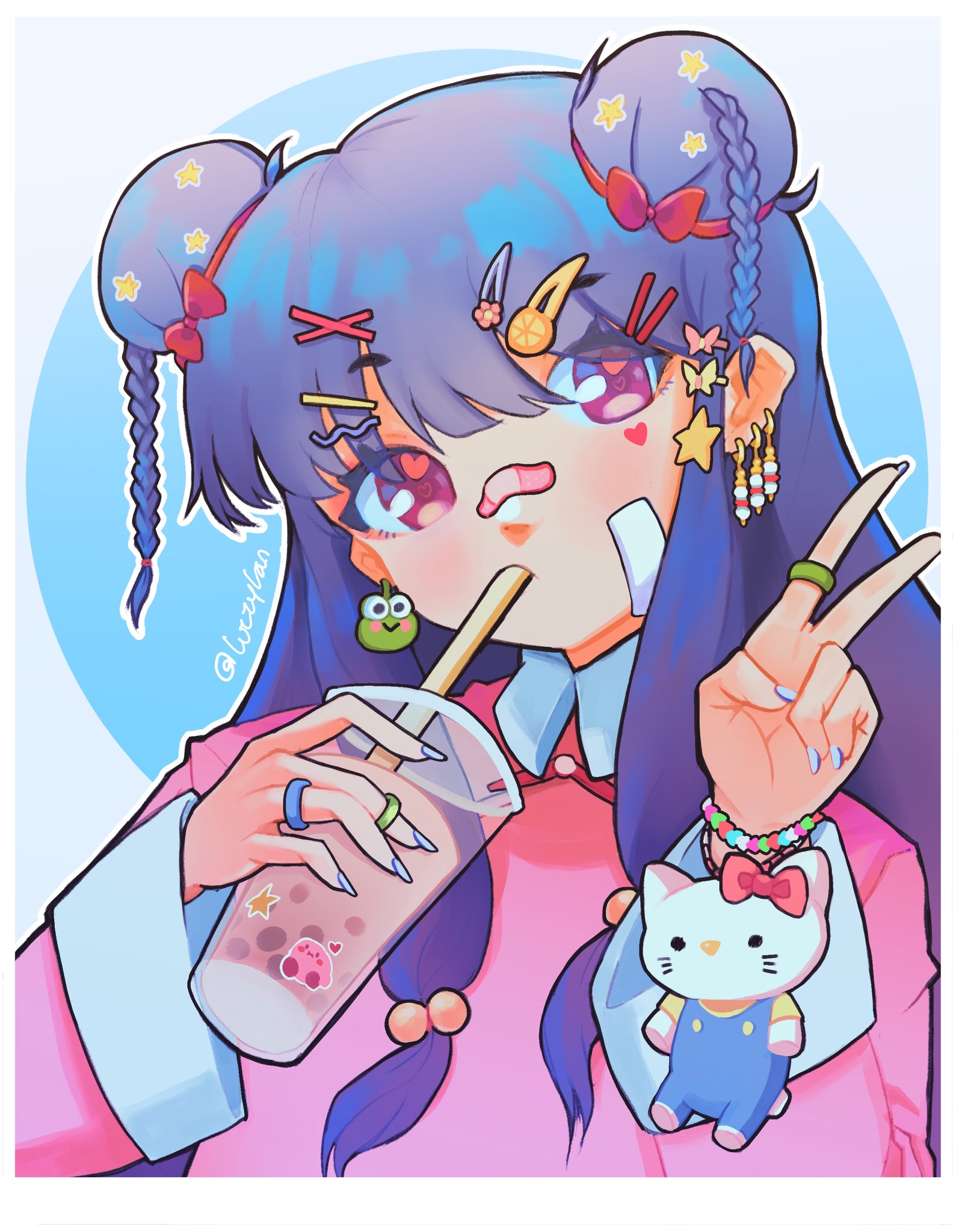 luzzylan, shampoo (ranma 1/2), hello kitty, ranma 1/2, sanrio, highres, 1girl, bow, bubble tea, contemporary, double bun, hair bun, jewelry, long hair, purple hair, red bow, ring, sidelocks, twitter username, v