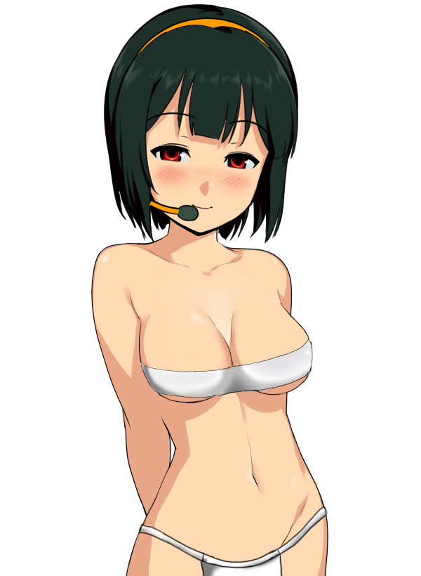 otonashi kotori, idolmaster, idolmaster (classic), idolmaster 1, non-web source, 00s, 1girl, bandeau, bikini, blush, breasts, cleavage, female focus, green hair, headset, microphone, naughty face, red eyes, short hair, solo, strapless, swimsuit, transparent background, tube top, white bikini