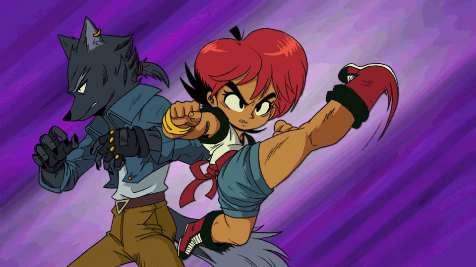 female, male, animated, animated gif, 1boy, 1girl, 2025, age difference, blue jacket, blue shorts, boots, brown pants, jacket, kicking, older male and younger female, pants, paper castle, purple background, red boots, red hair, ringo (wander stars), shirt, short hair, shorts, size difference, tomboy, wander stars, white shirt, wolf boy, wolfe (wander stars), wristband
