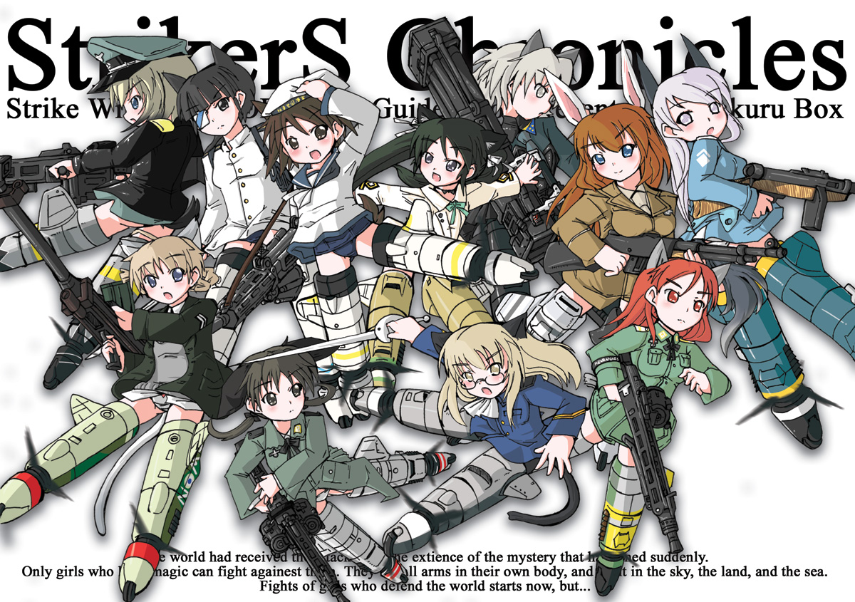 charlotte e. yeager, eila ilmatar juutilainen, erica hartmann, francesca lucchini, gertrud barkhorn, lynette bishop, minna-dietlinde wilcke, miyafuji yoshika, perrine h. clostermann, sakamoto mio, sanya v. litvyak, strike witches, world witches series, 00s, 501st joint fighter wing, 6+girls, chibi, drum magazine, english text, everyone, gun, hat, holding, holding sword, holding weapon, light machine gun, m1918 bar, machine gun, magazine (weapon), multiple girls, pantyhose, peaked cap, rabbit ears, rabbit girl, rocket launcher, swimsuit, swimsuit under clothes, sword, weapon