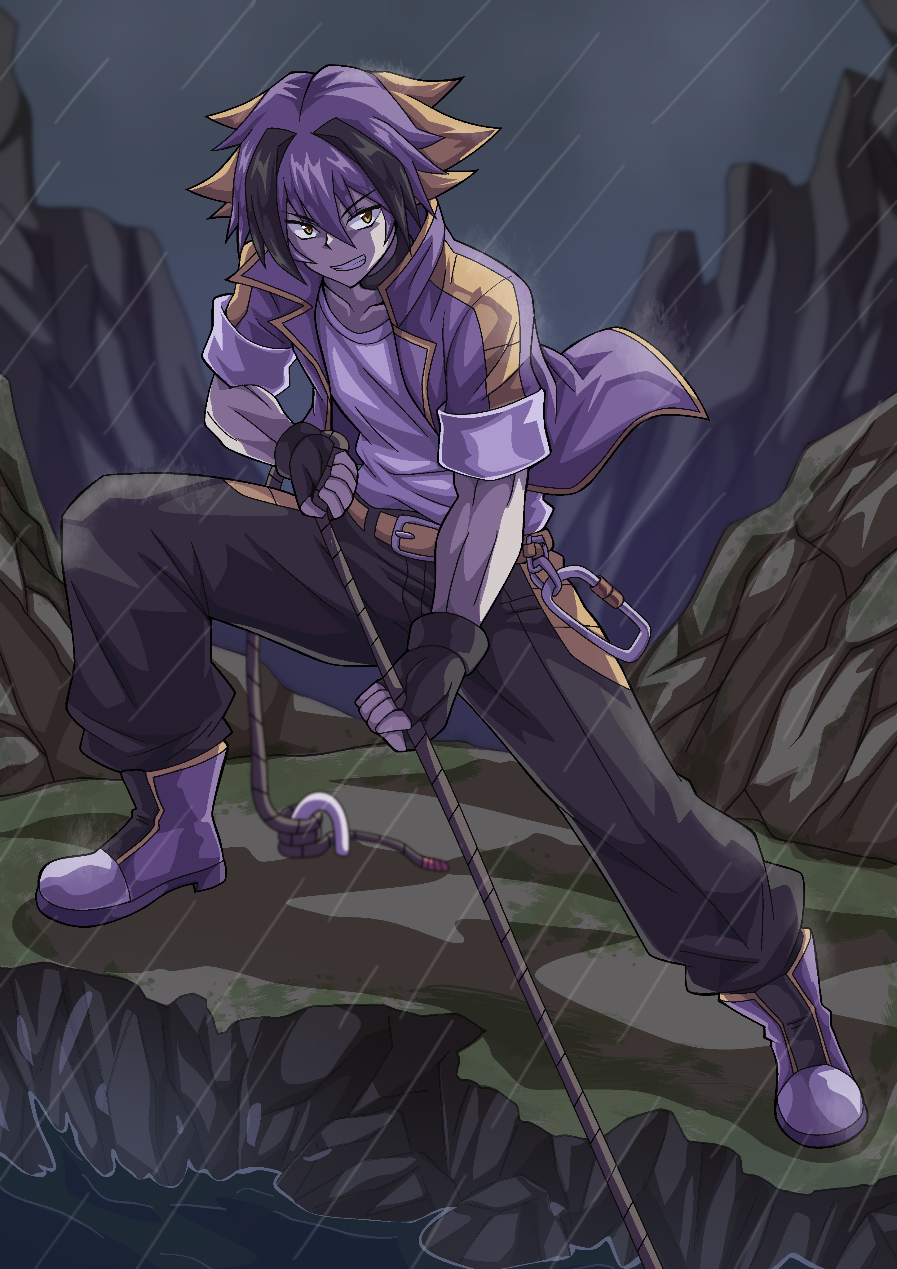 yokomiya4538, swampert, nintendo, pokemon, absurdres, highres, 1boy, alternate color, belt, black gloves, black hair, black pants, blonde hair, clenched teeth, fingerless gloves, gen 3 pokemon, gloves, hair between eyes, holding, holding rope, jacket, male focus, night, outdoors, pants, personification, purple hair, purple jacket, rain, rope, shiny pokemon, shirt, solo, teeth, white shirt