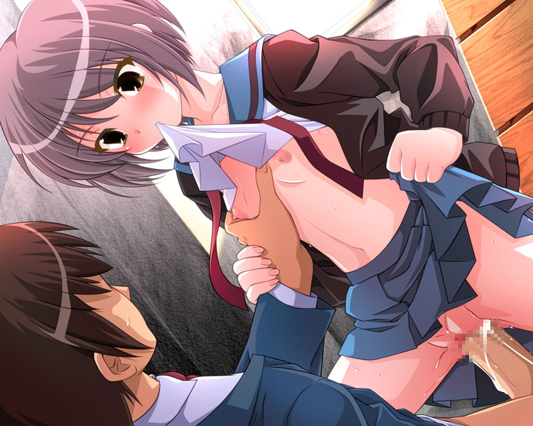 aoi nagisa (metalder), lolita channel, kyon, nagato yuki, suzumiya haruhi no yuuutsu, jpeg artifacts, non-web source, 00s, 1boy, 1girl, blush, breasts, brown eyes, cardigan, censored, clothes lift, cowgirl position, cum, flat chest, flat chest grab, girl on top, grabbing another's breast, groping, hetero, mosaic censoring, mouth hold, nipples, no bra, no panties, penis, purple hair, pussy, school uniform, serafuku, sex, shirt lift, skirt, skirt lift, straddling, vaginal