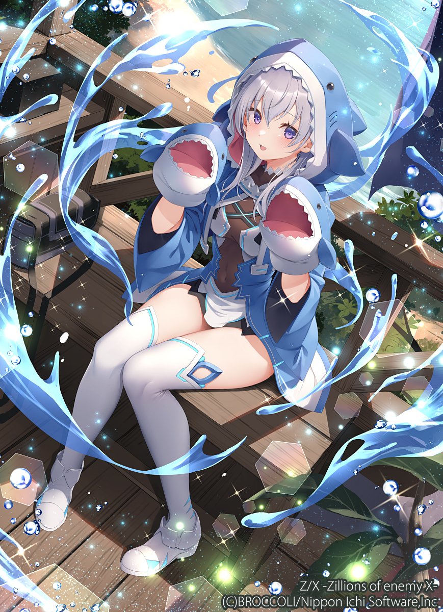 yoshino ryou, z/x, highres, official art, 1girl, animal hood, blue hoodie, boots, copyright notice, covered navel, from above, grey hair, hand puppet, hood, hoodie, leaf, nu (z/x), ocean, open mouth, outdoors, puppet, purple eyes, shark puppet, sitting, sparkle, splashing, stuffed animal, stuffed shark, stuffed toy, thigh boots, white boots