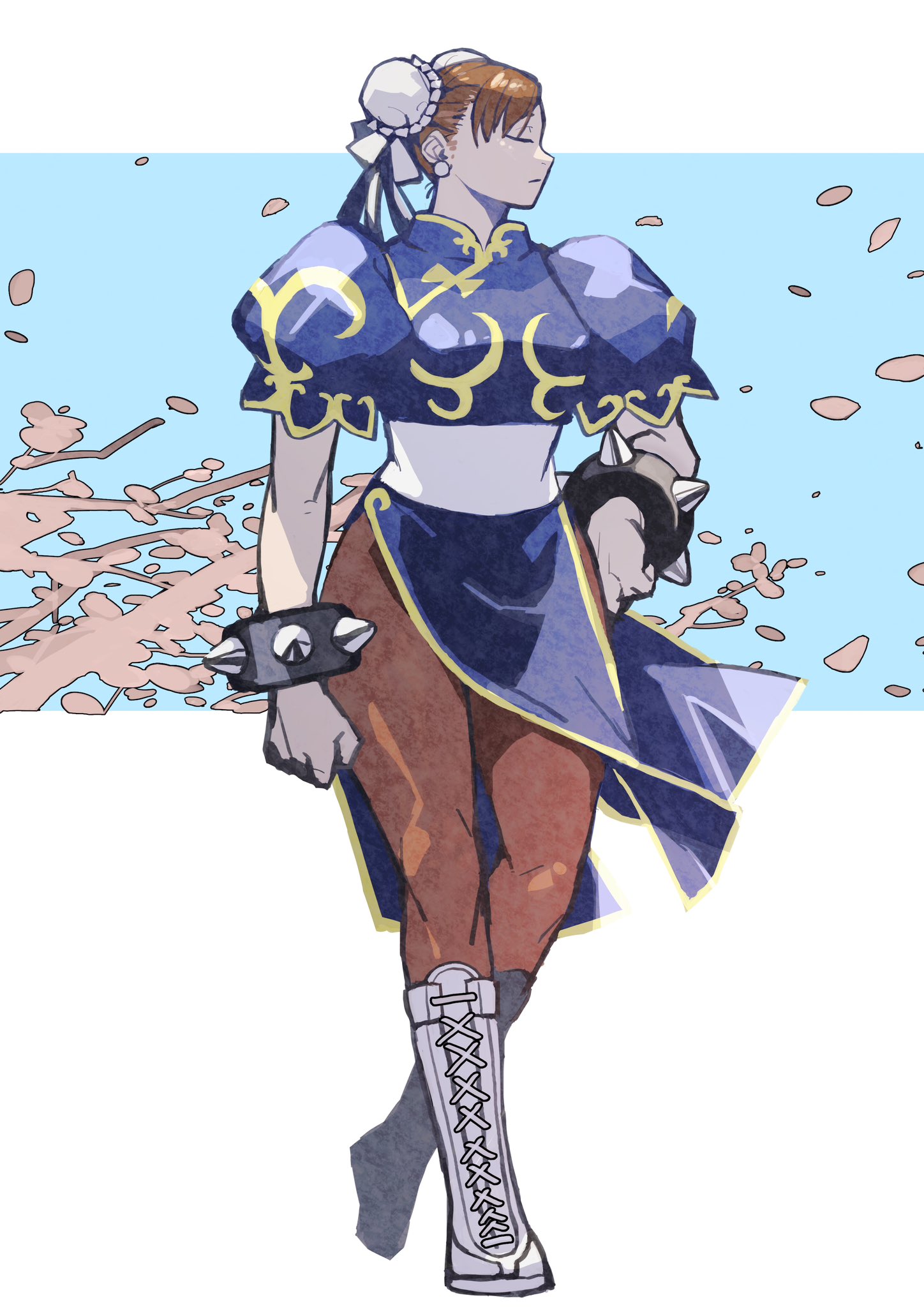 e-kaki, chun-li, capcom, street fighter, highres, 1girl, bangle, blue background, blue dress, boots, border, bracelet, breasts, brown hair, brown pantyhose, bun cover, china dress, chinese clothes, closed eyes, closed mouth, double bun, dress, earrings, falling petals, full body, gold trim, hair bun, hair ribbon, hand on own hip, jewelry, mandarin collar, medium breasts, pantyhose, pearl earrings, pelvic curtain, petals, puffy short sleeves, puffy sleeves, ribbon, short sleeves, solo, spiked bracelet, spikes, updo, white boots, white border, white ribbon