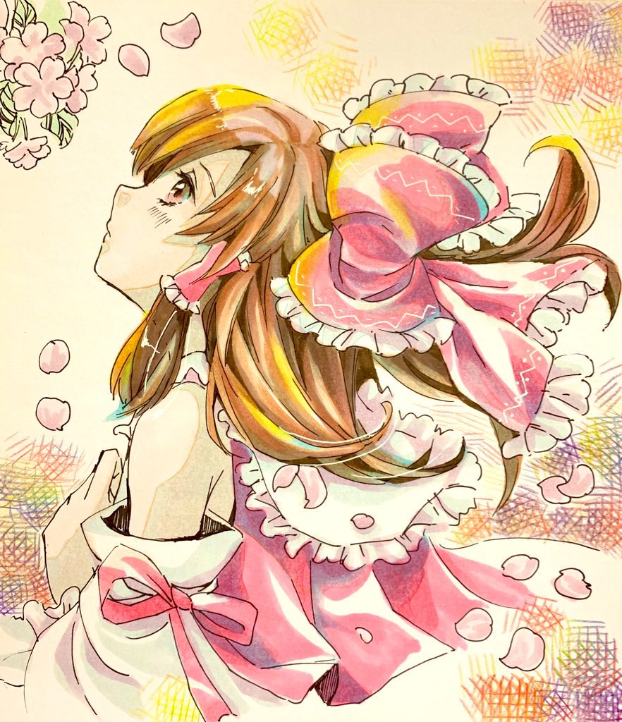 iori (akaringo), hakurei reimu, touhou, 1girl, brown eyes, brown hair, detached sleeves, flower, from side, hair tubes, long hair, pink flower, sleeveless, solo, wide sleeves