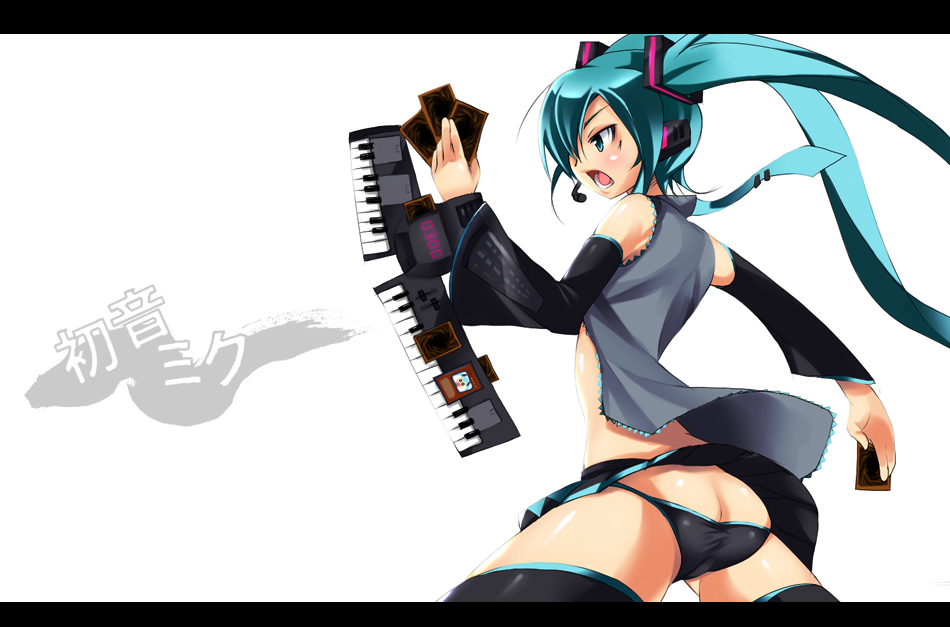 imazon, hatsune miku, niconico rpg, vocaloid, yu-gi-oh!, yu-gi-oh! duel monsters, 1girl, ass, black panties, blush, butt crack, card, duel disk, elbow gloves, female focus, gloves, green eyes, green hair, hair ornament, headphones, holding, holding card, letterboxed, long hair, lowleg, lowleg panties, matching hair/eyes, microphone, miniskirt, necktie, open clothes, open shirt, panties, pantyshot, parody, pile of cards, shirt, skirt, solo, thighhighs, twintails, underwear, upskirt, yu-gi-oh (card), zettai ryouiki
