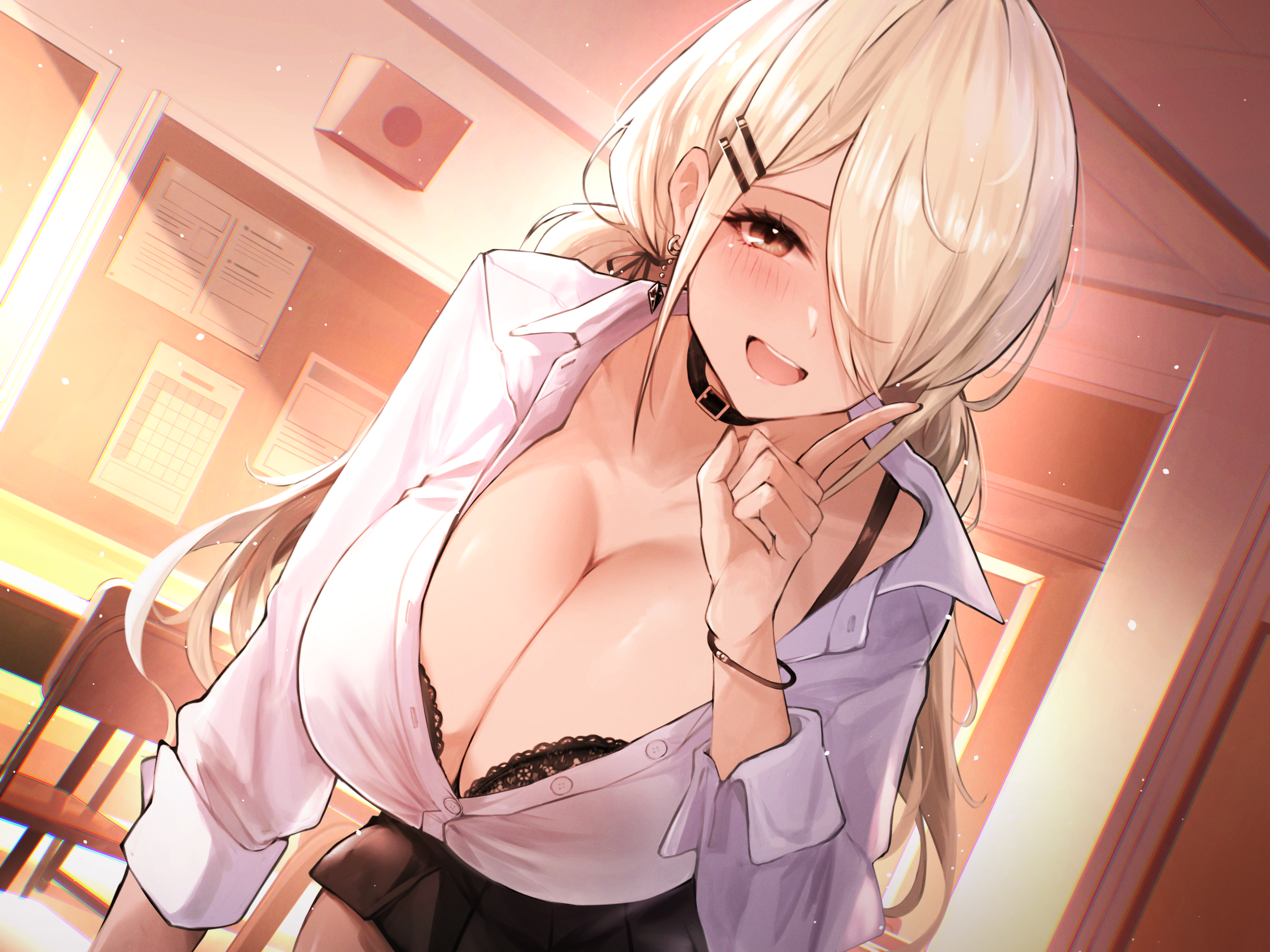 sea nami, original, commentary request, highres, 1girl, black bra, black choker, black skirt, blonde hair, blush, bra, bra peek, breasts, brown eyes, ceiling, chair, choker, classroom, cleavage, evening, gyaru, hair over one eye, huge breasts, indoors, long hair, open mouth, pointing, pointing up, shirt, skirt, sleeves rolled up, solo, table, underwear, white shirt
