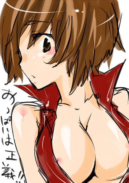 sara (pixiv118728), sara (uunyan), meiko (vocaloid), vocaloid, 1girl, breasts, female focus, nipples, open clothes, open shirt, shirt, sketch, solo