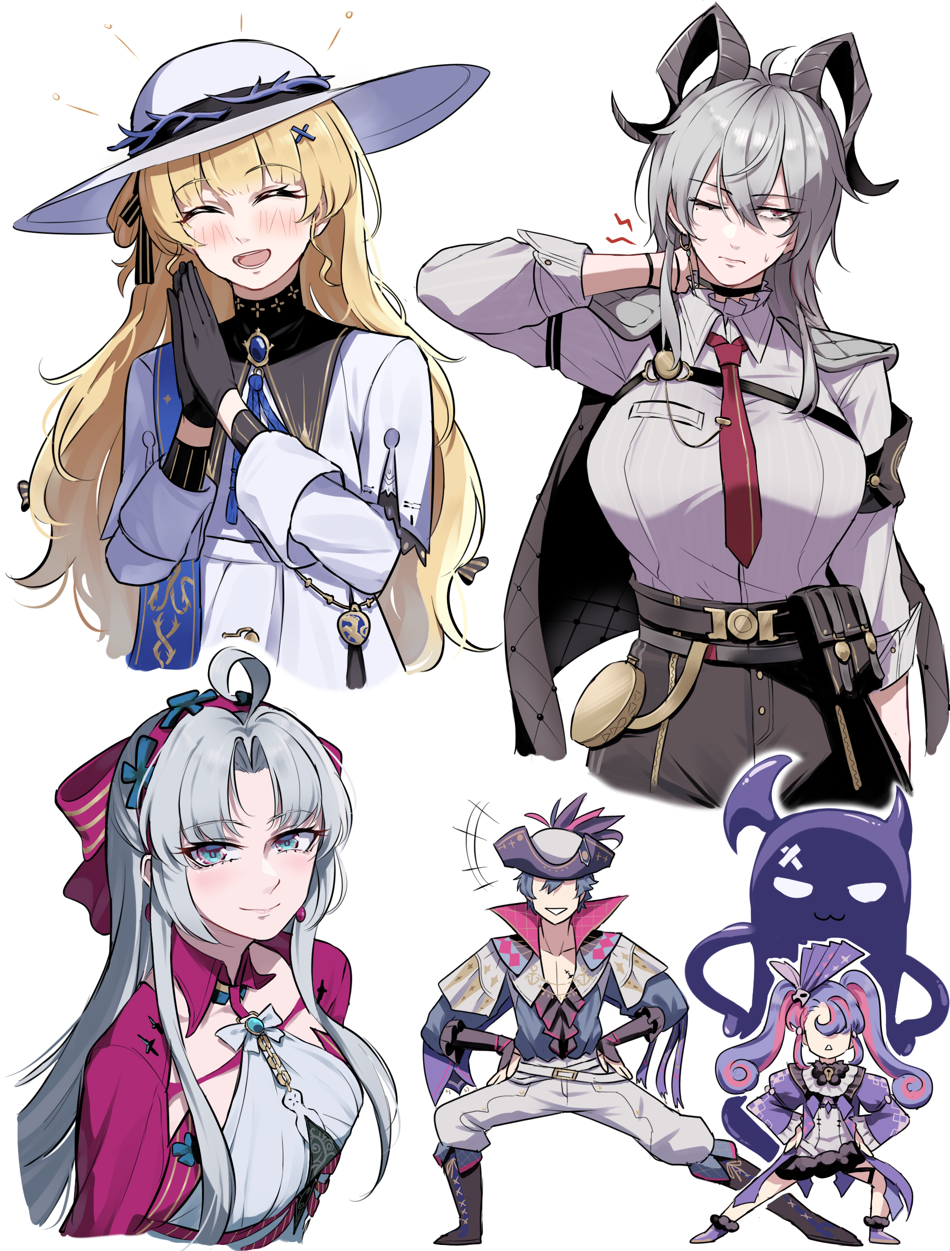 randompeeps, brant (wuthering waves), carlotta (wuthering waves), phoebe (wuthering waves), roccia (wuthering waves), zani (wuthering waves), wuthering waves, absurdres, commentary, highres, +++, 1boy, 4girls, ahoge, aqua eyes, armband, black armband, black choker, black collar, black gloves, black horns, black jacket, black pants, blonde hair, blue sash, blue shirt, blush, bow, breasts, chest harness, choker, closed eyes, closed mouth, collar, collared shirt, curled horns, dancing, earrings, gloves, grey hair, hair between eyes, hair bow, hair ornament, hand on own neck, hands on own hips, harness, hat, high-waist pants, high-waist skirt, horns, jacket, jacket on shoulders, jewelry, long hair, long sleeves, looking at viewer, medium breasts, multicolored hair, multiple girls, necktie, one eye closed, open clothes, open mouth, open shirt, own hands together, pants, parted bangs, pero (wuthering waves), pink bow, pink hair, pink jacket, purple hair, red eyes, red necktie, sash, shirt, shirt tucked in, simple background, skirt, smile, striped bow, sweatdrop, tacet mark (wuthering waves), triangle mouth, tricorne, twintails, two-tone hair, white background, white hat, white pants, white shirt, white skirt, x hair ornament