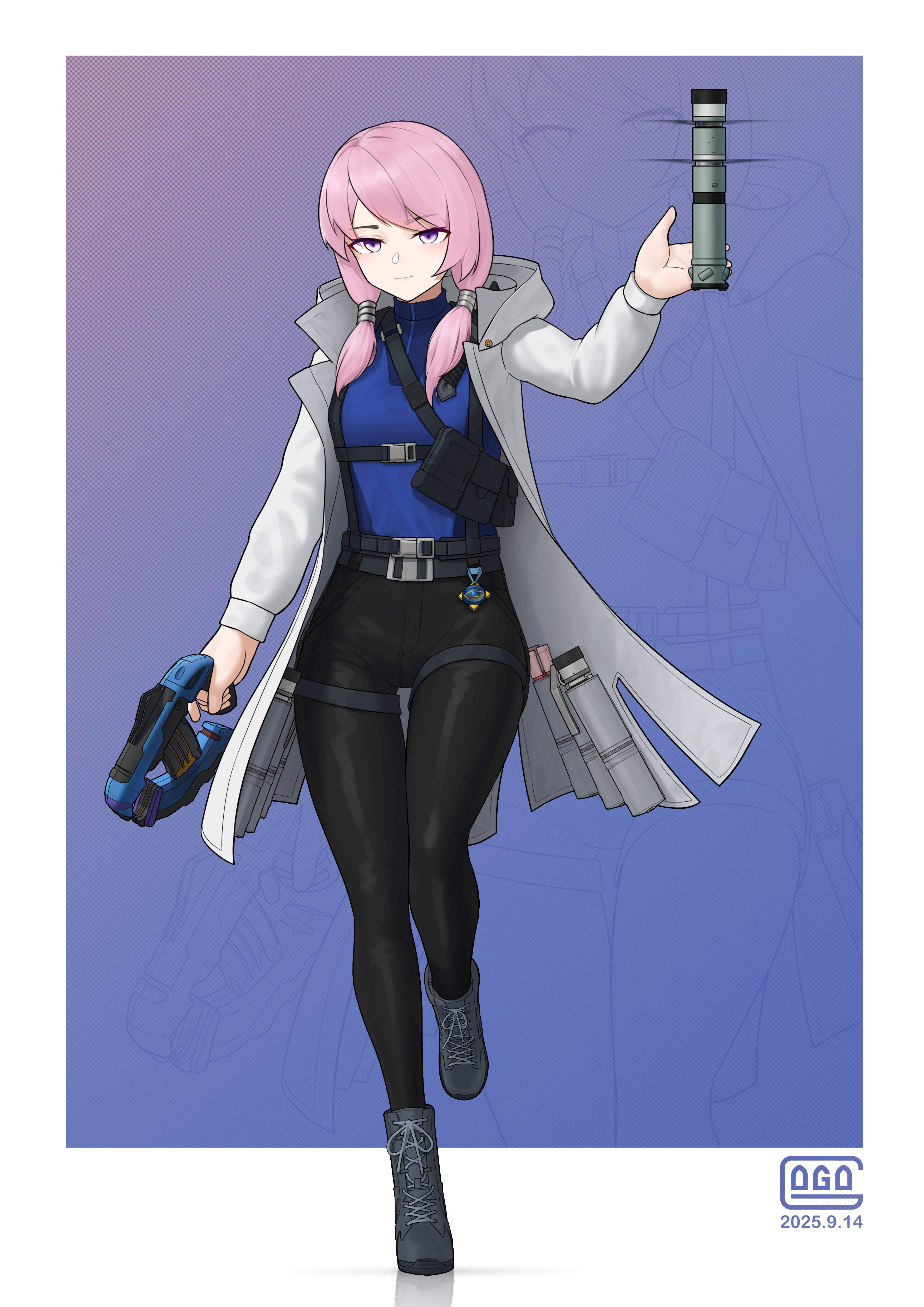 gogo (gogo 23), halo (series), original, absurdres, highres, 1girl, ammunition pouch, belt, black pants, boots, border, breasts, buckle, charm (object), closed mouth, coat, coat pouch, dated, dated commentary, drone, full body, grey belt, grey boots, grey coat, grey hair, gun, halo, hand up, hood, hood down, hooded coat, knife sheath, lace-up boots, leg up, load bearing equipment, long sleeves, low-tied sidelocks, medium hair, open clothes, open coat, pants, plasma pistol, pouch, purple background, purple eyes, purple sweater, reflection, science fiction, sheath, sidelocks, signature, small breasts, snap-fit buckle, sweater, tactical clothes, thigh strap, trench coat, trigger discipline, turtleneck, turtleneck sweater, walking, weapon, white border