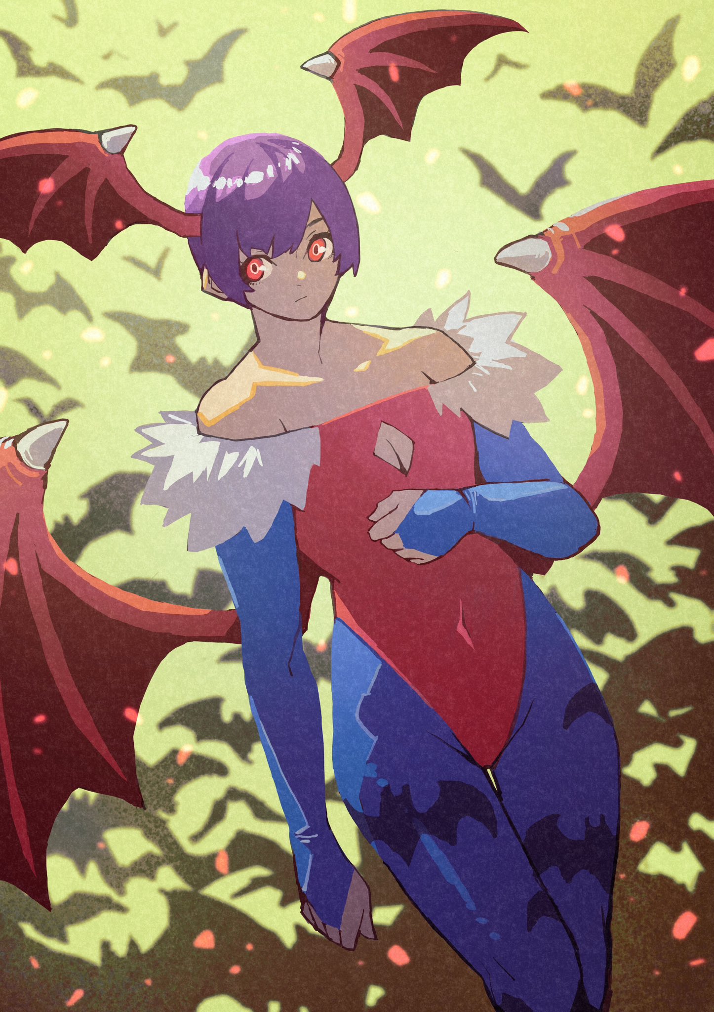e-kaki, lilith (darkstalkers), darkstalkers, highres, 1girl, animal print, bare shoulders, bat (animal), bat print, blue pantyhose, blue sleeves, breasts, bridal gauntlets, cleavage, cleavage cutout, closed mouth, clothing cutout, collarbone, cowboy shot, demon girl, demon wings, feather trim, hand on own chest, head wings, highleg, highleg leotard, leotard, looking at viewer, medium breasts, pantyhose, print pantyhose, purple hair, red eyes, red leotard, short hair, solo, wings
