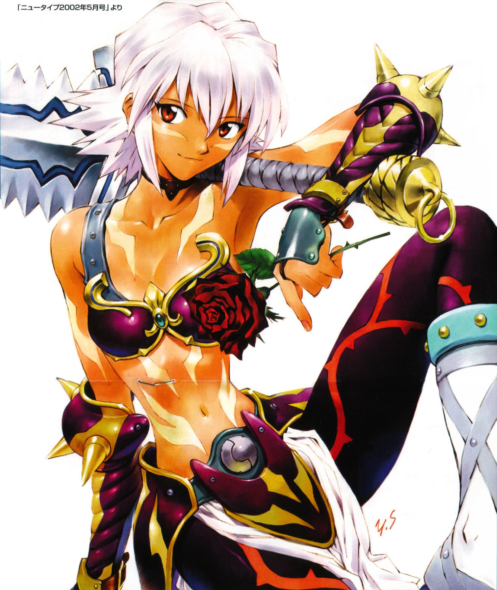sadamoto yoshiyuki, black rose (.hack//), .hack//, .hack//games, bandai, cyber connect 2, highres, non-web source, scan, translated, 1girl, armor, bra, choker, dark-skinned female, dark skin, female focus, flower, gauntlets, lingerie, loincloth, midriff, pantyhose, pink hair, red eyes, rose, sandals, short hair, smile, solo, sword, underwear, weapon
