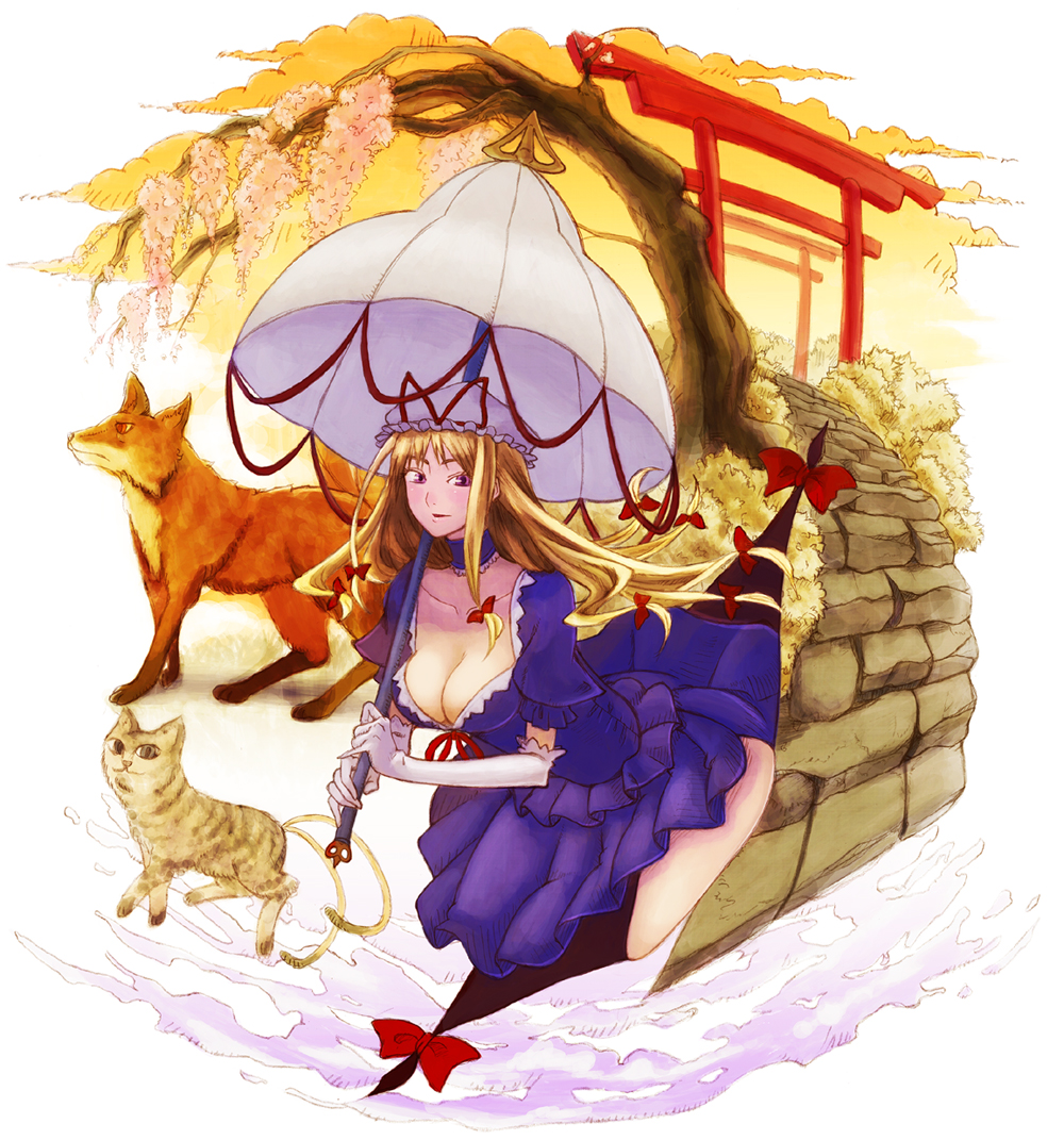 pepe (pepe's hp), yakumo yukari, touhou, 1girl, breasts, cleavage, dress, female focus, flower, hat, large breasts, nature, outdoors, parasol, plant, sky, solo, umbrella, white background