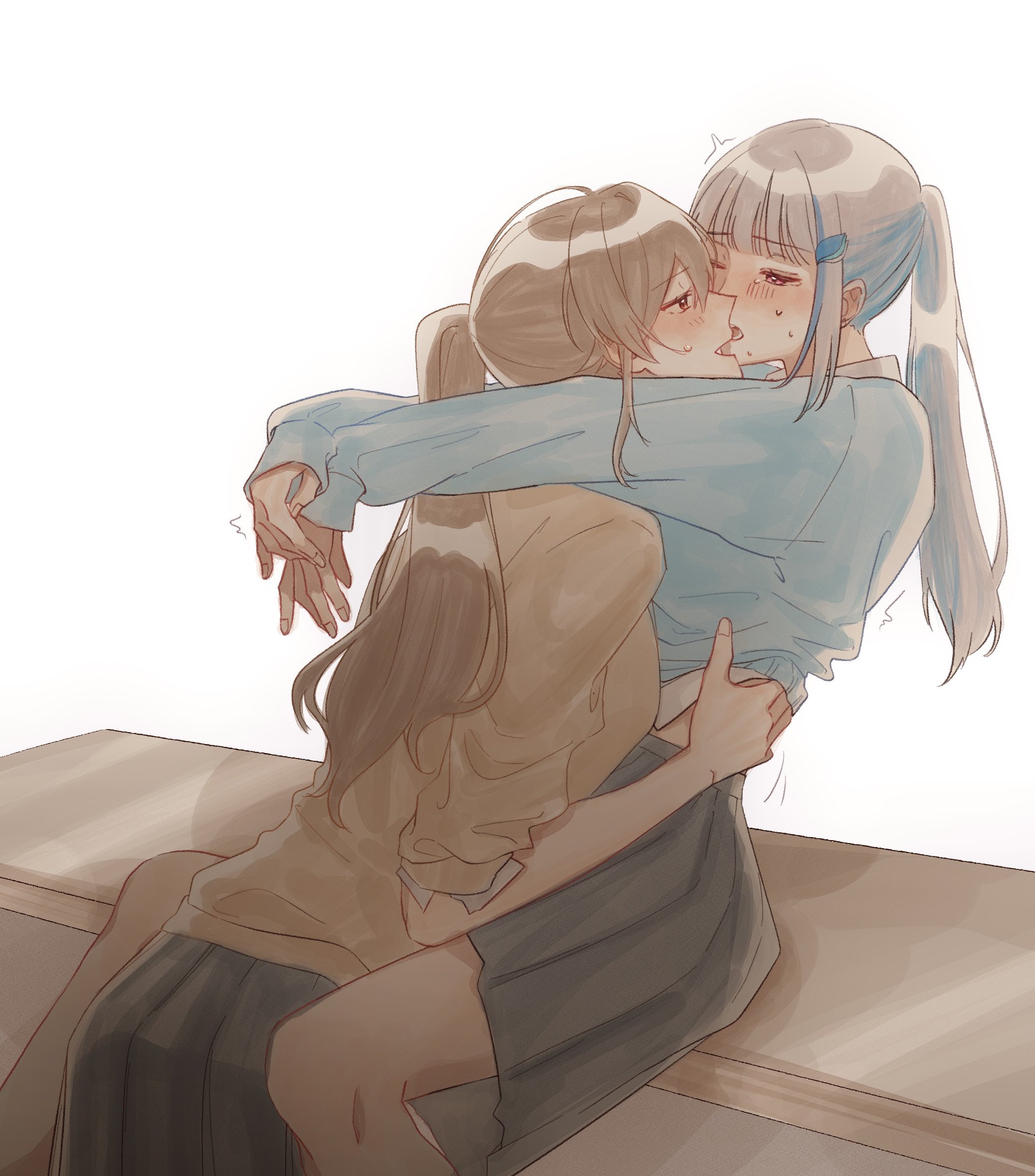 aoki pnd, furen e lustario, lize helesta, nijisanji, commentary request, highres, 2girls, arms around neck, black skirt, blue hair, blue sweater, blush, brown hair, brown sweater, hand on another's waist, kiss, long hair, long sleeves, multicolored hair, multiple girls, open mouth, pink eyes, pleated skirt, red eyes, school uniform, simple background, skirt, sweat, sweater, two-tone hair, white background, white hair, yuri