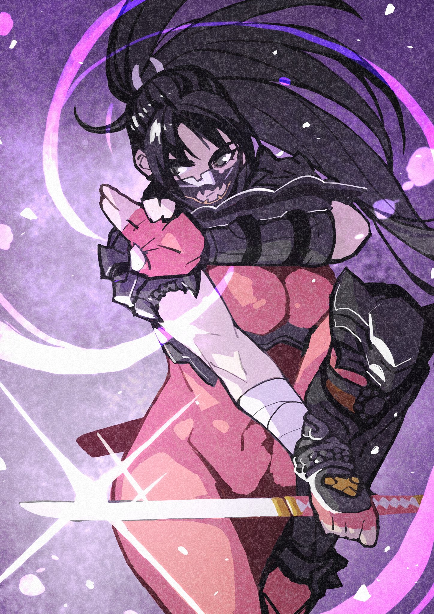 e-kaki, taki (soulcalibur), soul calibur, highres, 1girl, armor, bandaged arm, bandages, black hair, breasts, brown bodystocking, cleavage, cowboy shot, fighting stance, fingerless gloves, gloves, grey eyes, hair tie, holding, holding sword, holding weapon, knee pads, large breasts, long hair, mask, motoyui, mouth mask, ponytail, short sword, shoulder armor, skull ornament, solo, sword, weapon