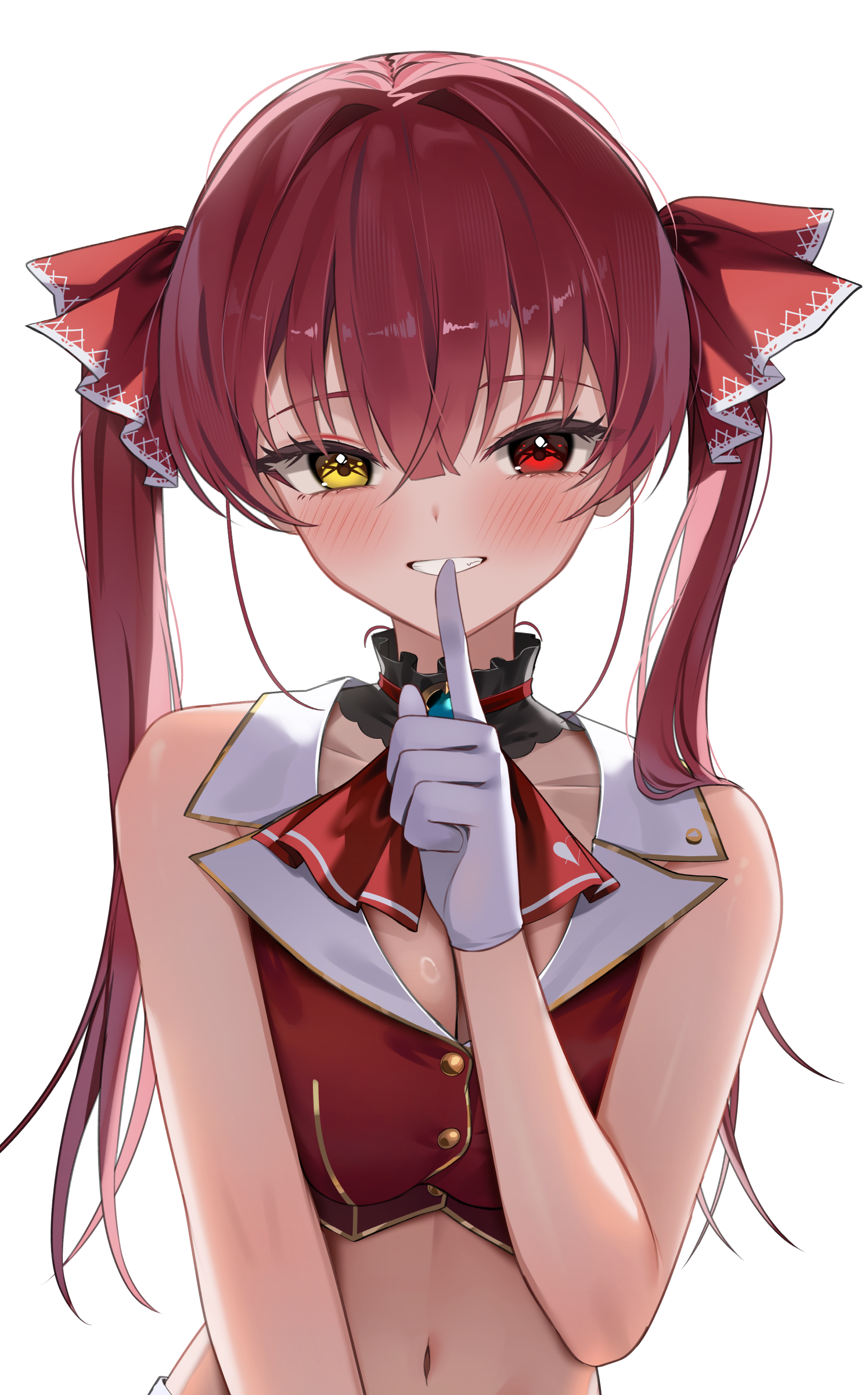 shuvi (shuvi1125), houshou marine, houshou marine (1st costume), hololive, absurdres, highres, 1girl, bare arms, bare shoulders, breasts, buttons, cleavage, crop top, detached collar, finger to mouth, gloves, gold trim, grin, hair ribbon, hand up, heterochromia, large breasts, long hair, looking at viewer, midriff, navel, no bodystocking, red eyes, red shirt, ribbon, shirt, shushing, simple background, sleeveless, sleeveless shirt, smile, solo, stomach, twintails, upper body, virtual youtuber, white background, white gloves, wing collar, yellow eyes