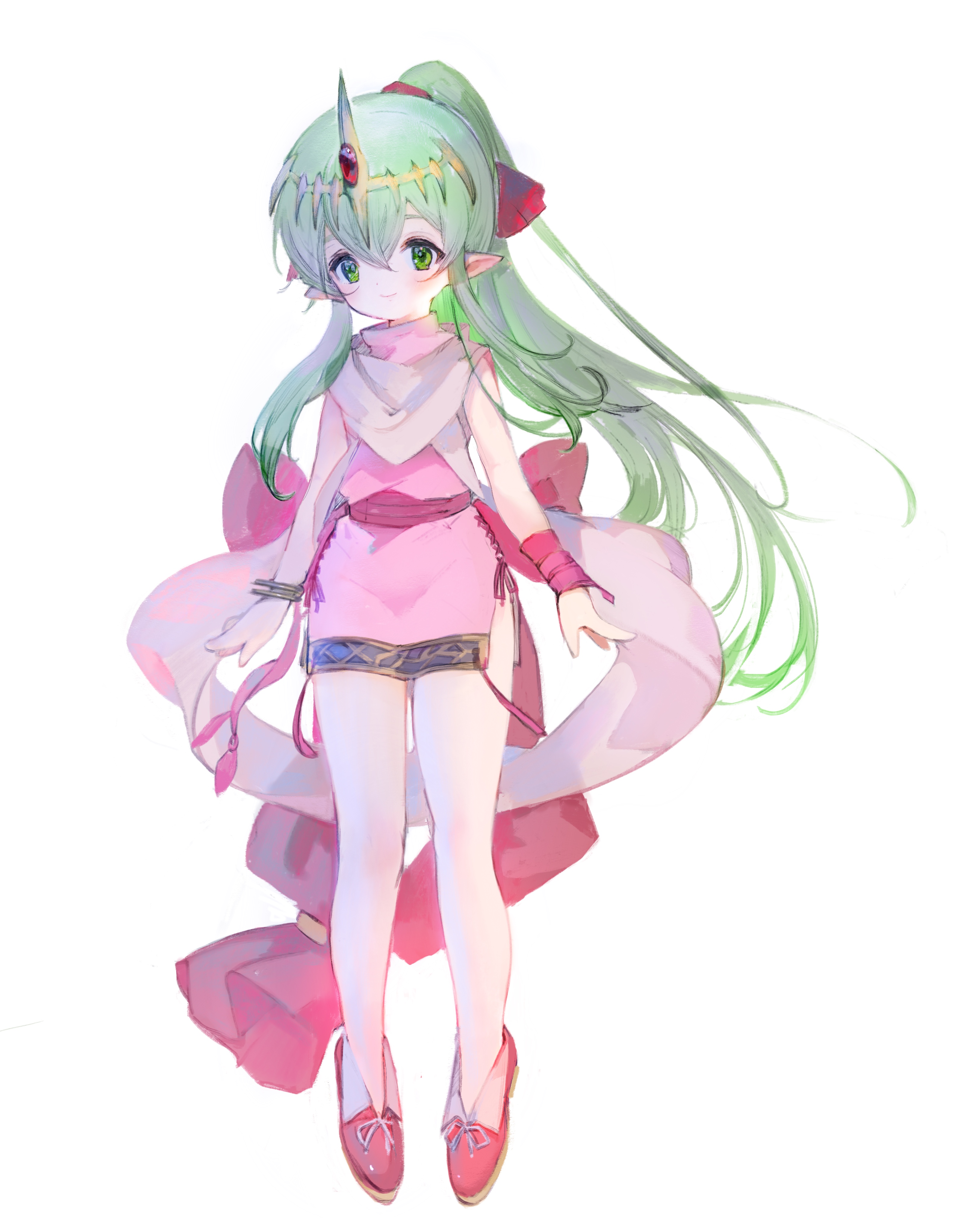 shiratsuyu mone, tiki (fire emblem), fire emblem, nintendo, absurdres, highres, 1girl, bracelet, closed mouth, dress, full body, green eyes, green hair, jewelry, long hair, looking at viewer, pink dress, pointy ears, ponytail, red shoes, shoes, simple background, sleeveless, sleeveless dress, slol, smile, solo, very long hair, white background