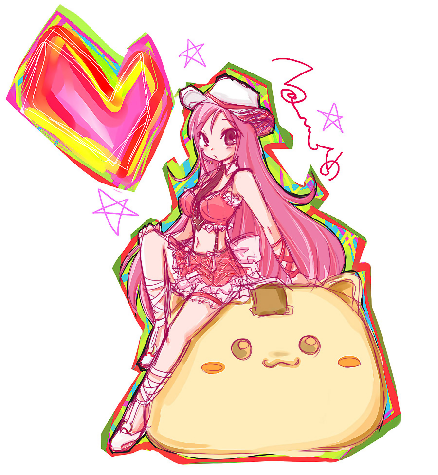 lucia, lucia (pangya), papel (pangya), pangya, 1girl, :3, animal ears, cat ears, cathead, cowboy hat, cowboy western, female focus, frilled thigh strap, hat, headset, heart, long hair, music, pink eyes, pink hair, ribbon, skirt, solo, thigh strap