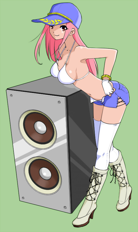 lucia, lucia (pangya), pangya, artist request, 1girl, boots, bra, bracelet, breasts, female focus, gloves, hat, jewelry, lingerie, long hair, looking at viewer, navel, pink hair, red eyes, shorts, sideboob, simple background, smile, socks, solo, speaker, thighhighs, underwear