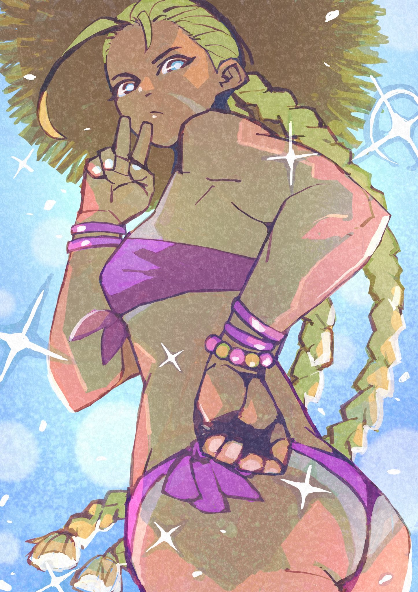 e-kaki, cammy white, street fighter, highres, 1girl, ass, bare shoulders, bead bracelet, beads, bikini, blonde hair, blue background, blue eyes, bracelet, braid, breasts, facial scar, from below, hand on own hip, hat, jewelry, long hair, medium breasts, midriff, muscular, muscular female, purple bikini, scar, scar on cheek, scar on face, solo, sparkle, straw hat, sun hat, swimsuit, tan, tanline, twin braids, upper body, v