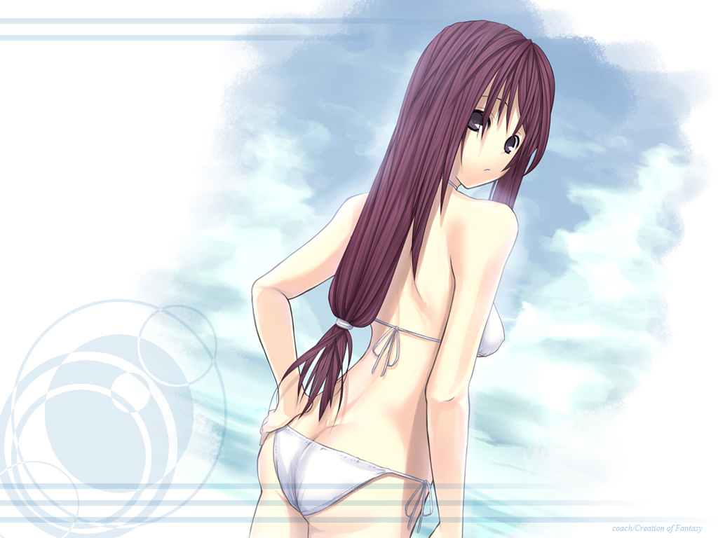 coach (artist), original, 1girl, ass, bare shoulders, bikini, blue sky, blush, butt crack, cloud, day, female focus, from behind, green eyes, hand on own hip, long hair, looking at viewer, low-tied long hair, low ponytail, outdoors, ponytail, side-tie bikini bottom, sky, solo, swimsuit, white bikini