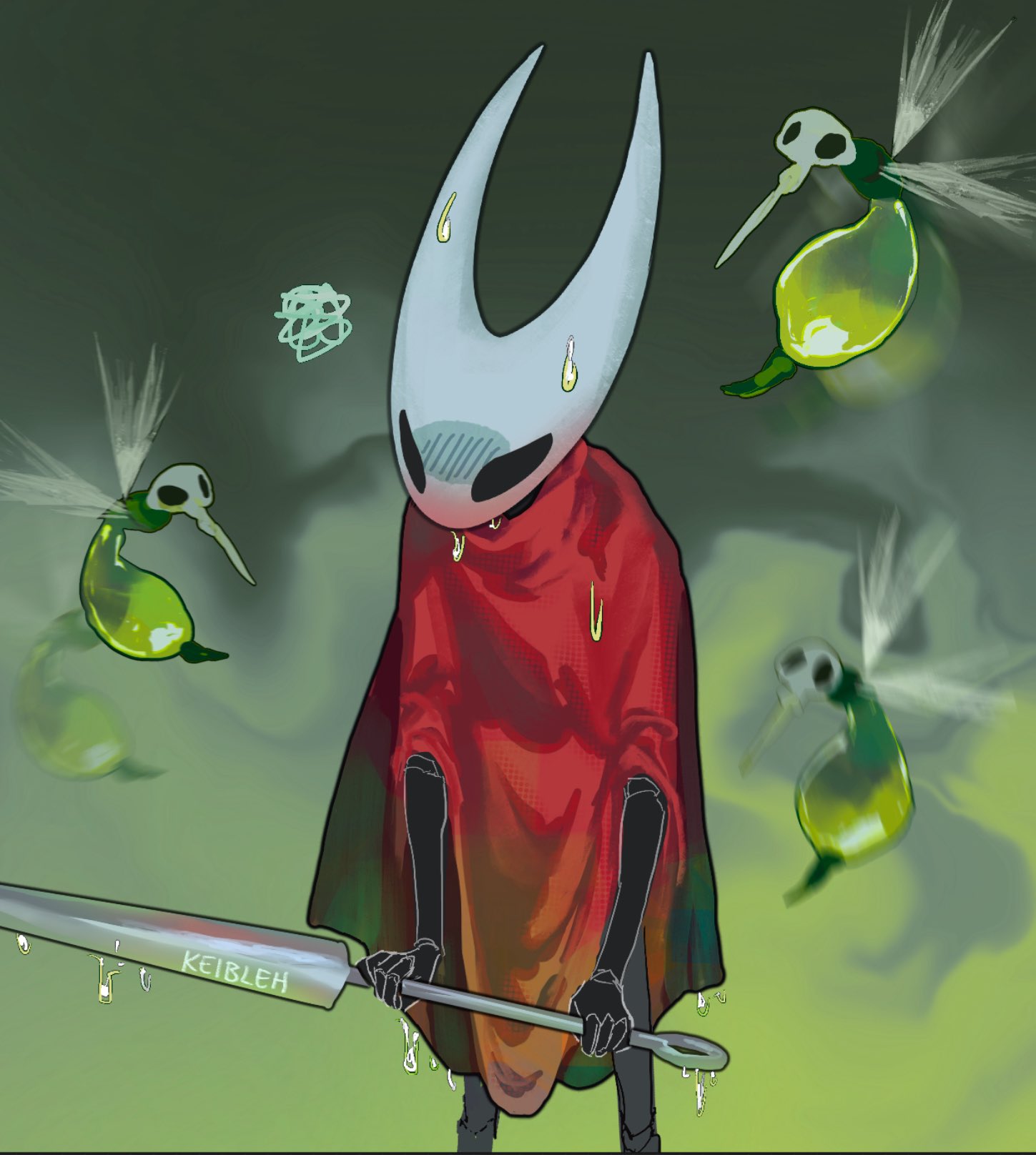 keibleh, hornet (hollow knight), hollow knight, hollow knight: silksong, highres, 1girl, angry, arthropod girl, artist name, bug, cloak, green background, holding, holding sword, holding weapon, mask, needle (hollow knight), needle sword, red cloak, solo, sword, weapon, wet, wings