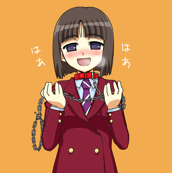 yanagi kawa, iseya hibana, bishoujo inpora!, bad id, bad pixiv id, 1girl, blush, breath, brown hair, collar, female focus, female pervert, jacket, leash, necktie, pervert, purple eyes, school uniform, serafuku, short hair, slave, smile, solo
