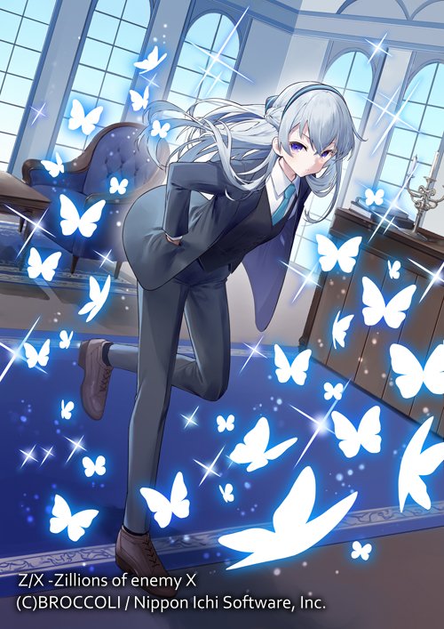 tokuno yuika, z/x, official art, 1girl, black pants, black vest, blue necktie, brown shoes, bug, butterfly, candle, chair, copyright notice, floating hair, glowing butterfly, grey hair, hand in pocket, headband, indoors, insect, jacket, long hair, necktie, nu (z/x), open clothes, open jacket, pants, purple eyes, shirt, shoes, solo, sparkle, standing, standing on one leg, tuxedo, vest, white shirt, window