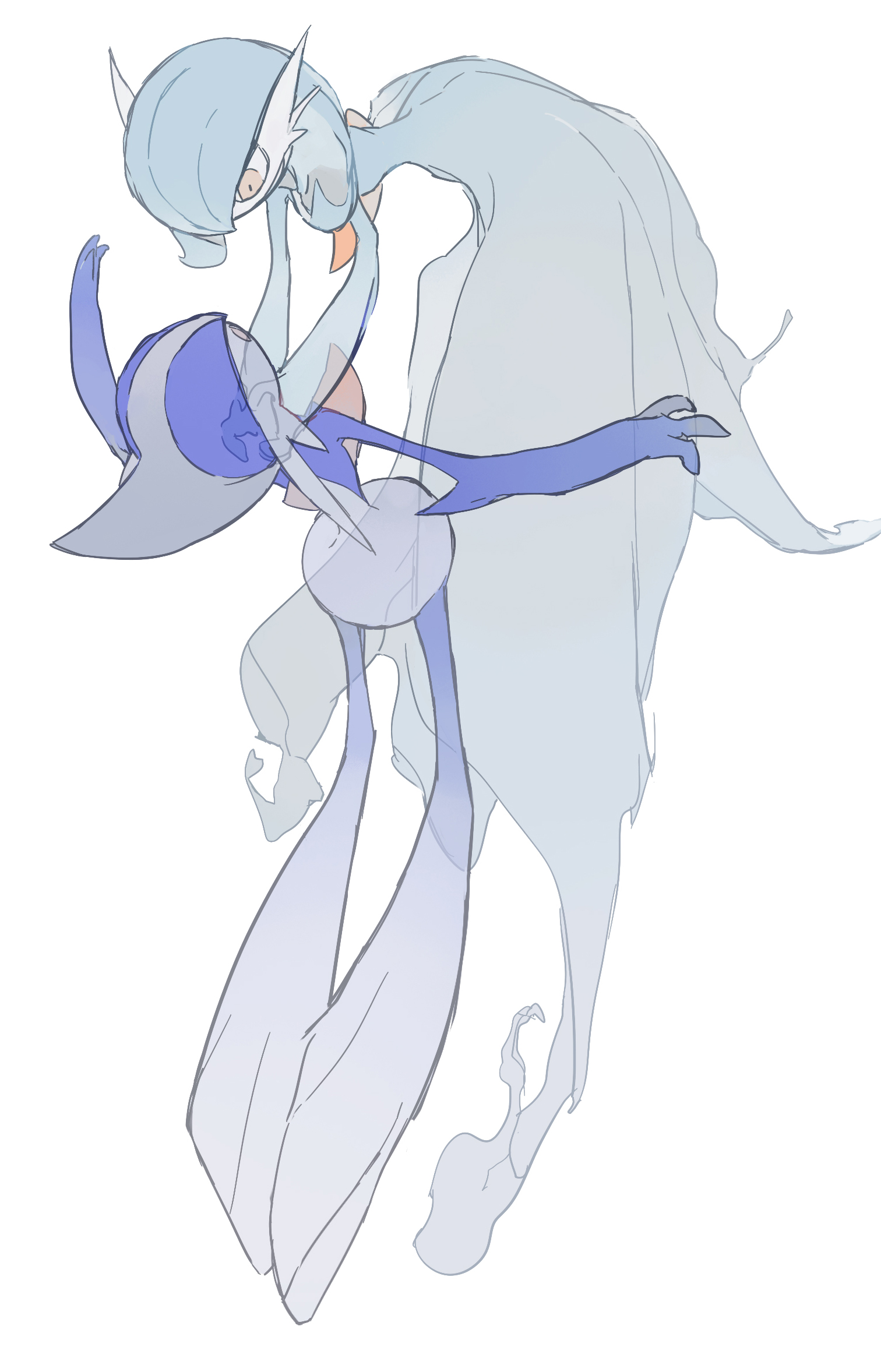 keroreud, gallade, gardevoir, nintendo, pokemon, highres, 1boy, 1girl, alternate color, alternate skin color, arm blade, blue hair, blue helmet, bob cut, colored skin, covered eyes, dress, facing another, gen 3 pokemon, gen 4 pokemon, ghost, grey dress, hair over eyes, hands on another's neck, helmet, leaning back, leaning forward, looking down, midair, mohawk, multicolored skin, murder, open hands, open mouth, outstretched arms, pokemon (creature), red eyes, see-through body, see-through clothes, shiny pokemon, strangling, transparent, two-tone skin, weapon, white background, wide hips