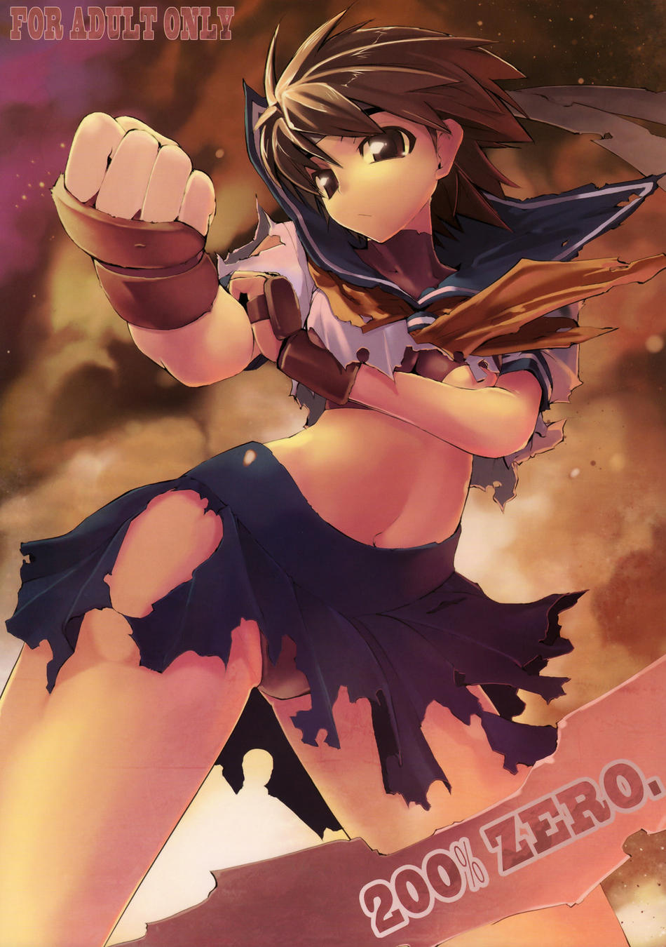 hyocorou, kasugano sakura, capcom, street fighter, street fighter zero (series), highres, 1990s (style), 1girl, angry, bandana, blue sailor collar, breasts, brown eyes, brown hair, buruma, clenched hand, clenched hands, cloud, cover, cover page, crossed arms, female focus, fingerless gloves, gloves, headband, knees, legs, medium breasts, midriff, miniskirt, navel, neckerchief, panties, pantyhose, pantyshot, red panties, retro artstyle, sailor collar, sailor crest, school uniform, serafuku, shirt, short hair, skirt, solo, spread legs, torn clothes, underwear