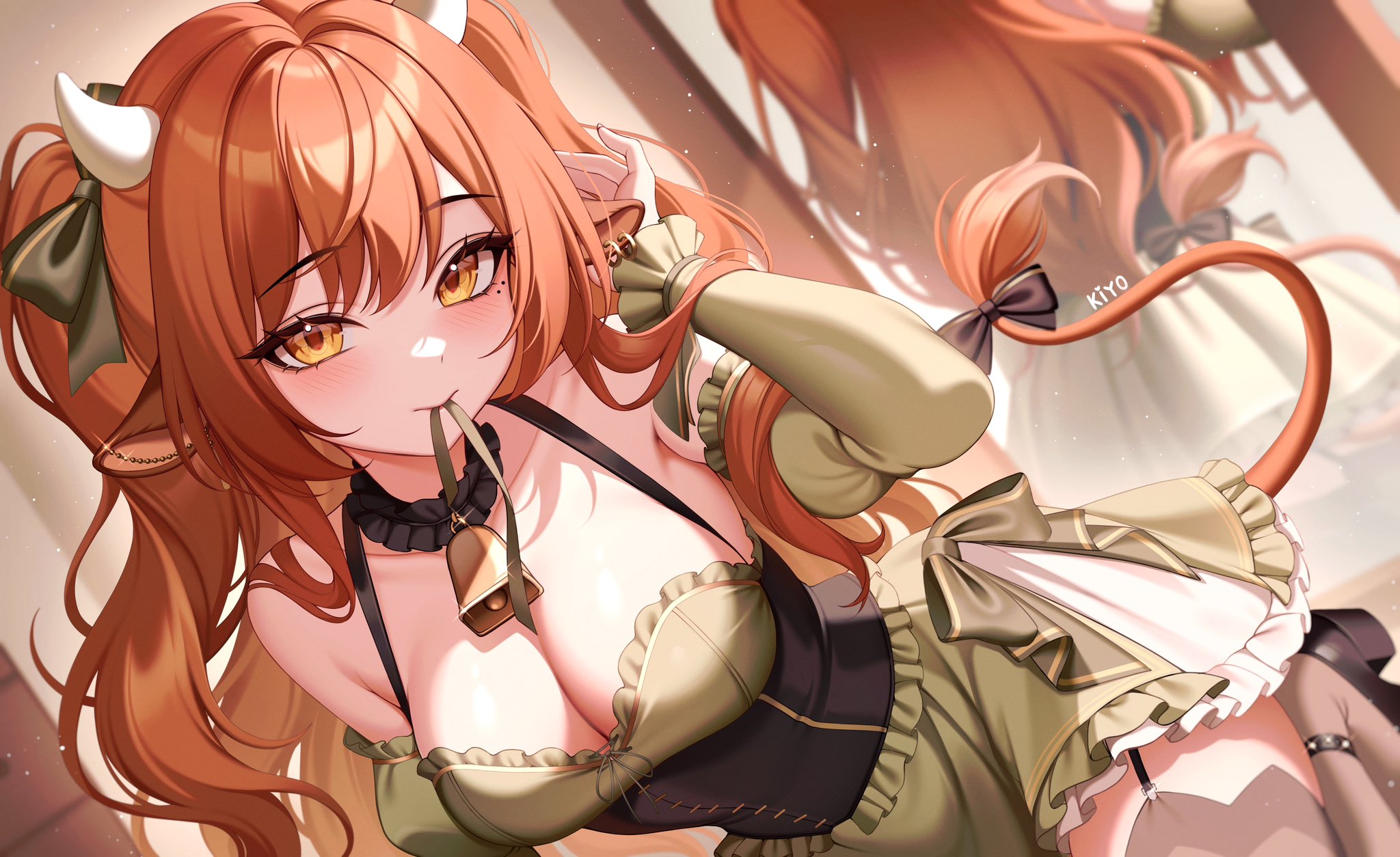 kiyochii, original, commentary, english commentary, highres, 1girl, animal ears, bare shoulders, bell, black shoes, bow, breasts, choker, cleavage, collarbone, cow ears, cow girl, cow horns, cow tail, cowbell, detached sleeves, dress, earrings, frilled choker, frilled dress, frills, garter straps, green dress, grey thighhighs, hair bow, hand up, horns, jewelry, juliet sleeves, large breasts, long hair, long sleeves, looking at viewer, mirror, mole, mole under eye, mouth hold, orange eyes, orange hair, puffy sleeves, reflection, shoes, sleeveless, sleeveless dress, solo, tail, thighhighs, two side up, underbust, very long hair, wavy hair, zettai ryouiki