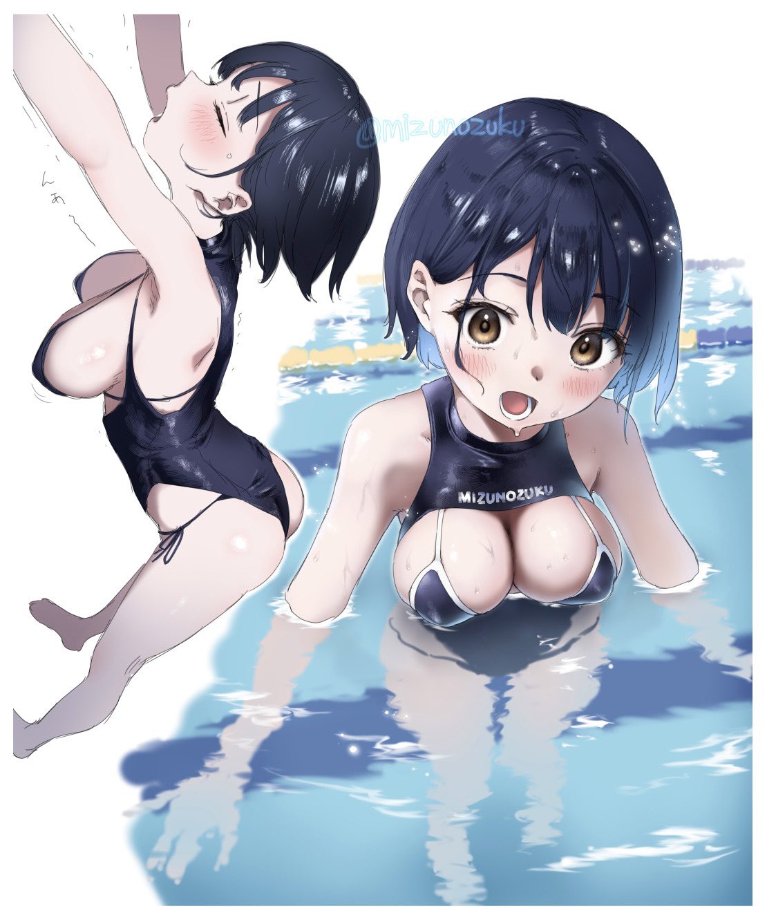 original, highres, 1girl, bare shoulders, blush, breasts, brown eyes, cleavage, collarbone, dress, from side, large breasts, long sleeves, looking at viewer, mizunozuku, open mouth, pool, school swimsuit, short hair, simple background, smile, solo, swimsuit, wet, white background