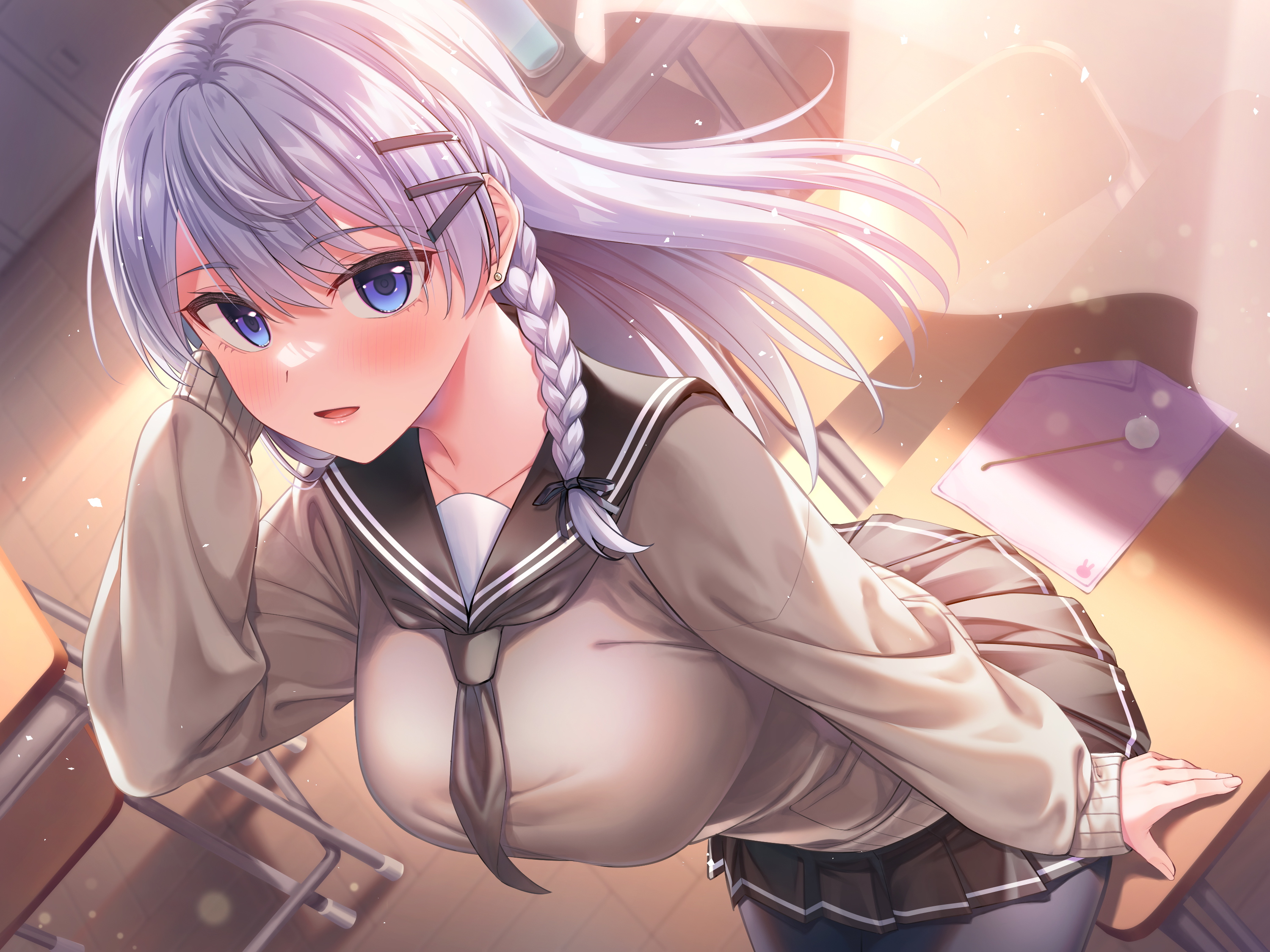 super nagoyaka, original, highres, 1girl, arm support, arm up, black pantyhose, black sailor collar, black skirt, blue eyes, blush, braid, breasts, brown cardigan, cardigan, chair, classroom, collarbone, curtains, desk, ear piercing, earrings, grey hair, hair ornament, hairclip, jewelry, large breasts, long hair, looking at viewer, mimikaki, pantyhose, piercing, sailor collar, school chair, school uniform, skirt, smile, solo, stud earrings, sweater, wooden floor
