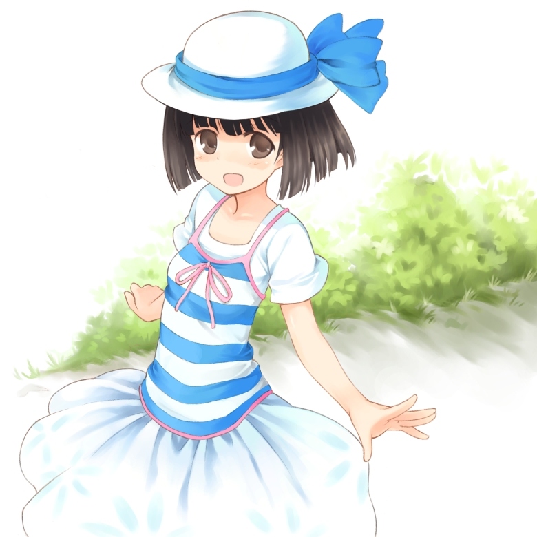 kurasuke, original, striped, 1girl, brown eyes, brown hair, camisole, dress, female focus, hat, outstretched arms, short hair, smile, solo, spread arms, sun hat
