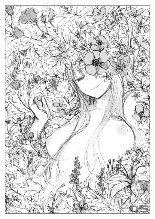 aoki shin, kusano houki, 1girl, breasts, closed eyes, female focus, flower, greyscale, long hair, monochrome, nipples, sketch, smile, solo, topless female