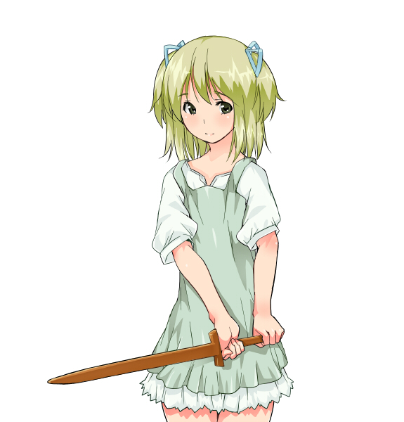 amami amayu, original, 1girl, blonde hair, blush, female focus, green eyes, hair ribbon, ribbon, short hair, smile, solo, sword, twintails, weapon, wooden sword