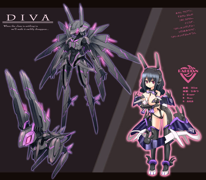 homura subaru, original, 1girl, armor, black hair, bodysuit, breasts, center opening, cleavage, collarbone, english text, engrish text, female focus, glowing, headgear, large breasts, leotard, machinery, mecha musume, midriff, navel, ranguage, revealing clothes, solo, standing, stomach, text focus