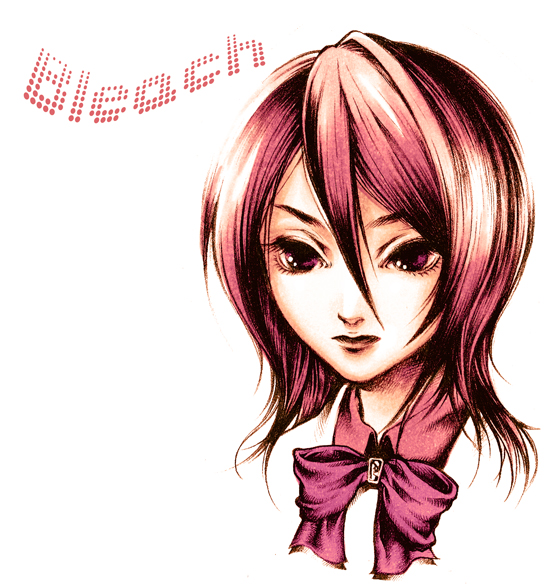 chiaki (pixiv), kuchiki rukia, bleach, bad id, bad pixiv id, 00s, bow, hair between eyes, monochrome, pink theme, portrait, short hair, simple background, solo, white background