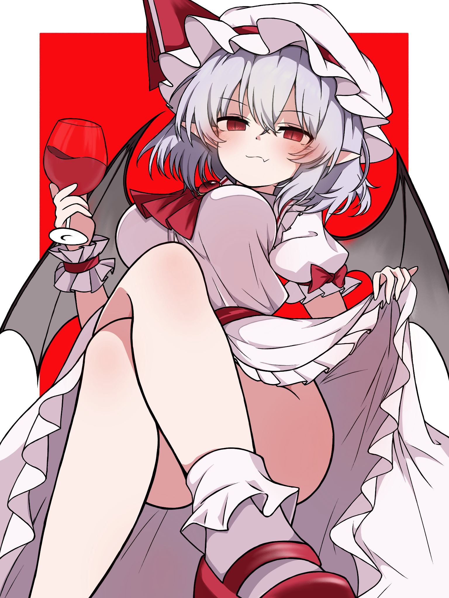 fliex, remilia scarlet, touhou, commentary, highres, 1girl, alcohol, ascot, bat wings, belt, blush, border, bow, breasts, brooch, closed mouth, clothes lift, crossed bangs, crossed legs, cup, double-parted bangs, dress, dress lift, drinking glass, fang, frilled dress, frilled wrist cuffs, frills, grey hair, hair between eyes, hat, hat bow, hat ribbon, holding, holding cup, jewelry, large breasts, looking at viewer, medium hair, mob cap, pink dress, pink hat, pink socks, pointy ears, presenting, puffy short sleeves, puffy sleeves, red ascot, red background, red belt, red bow, red eyes, red ribbon, red shoes, red wrist cuffs, ribbon, ribbon-trimmed sleeves, ribbon trim, seductive smile, shoes, short sleeves, simple background, skin fang, sleeve bow, smile, socks, solo, thigh focus, thighs, white border, wine, wine glass, wings, wrist cuffs