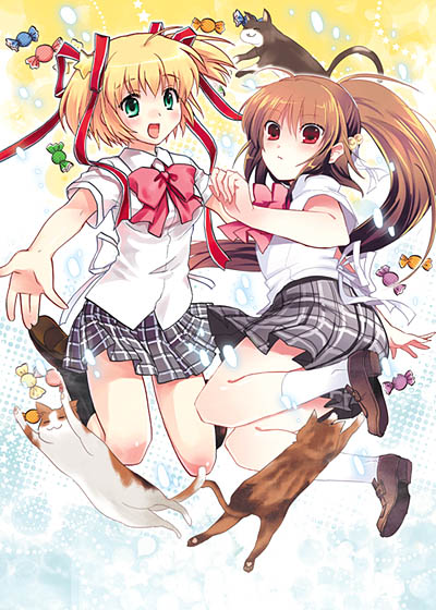 kamikita komari, natsume rin, little busters!, 2girls, blonde hair, blue eyes, bow, bowtie, brown hair, cat, full body, grey skirt, jumping, loafers, looking at viewer, multiple girls, outstretched arms, pink bow, plaid clothes, plaid skirt, pleated skirt, red bow, red bowtie, red eyes, school uniform, serafuku, shirt, shoes, short sleeves, skirt, thighs, twintails, white shirt
