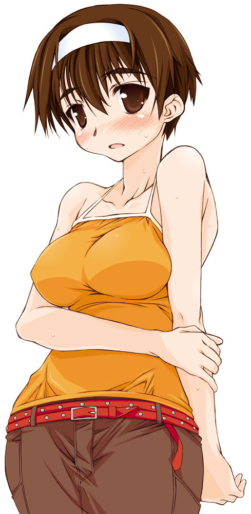 yamaguchi homupe, kashiwagi azusa, kizuato, 1girl, blush, brown eyes, brown hair, camisole, female focus, hairband, short hair, solo