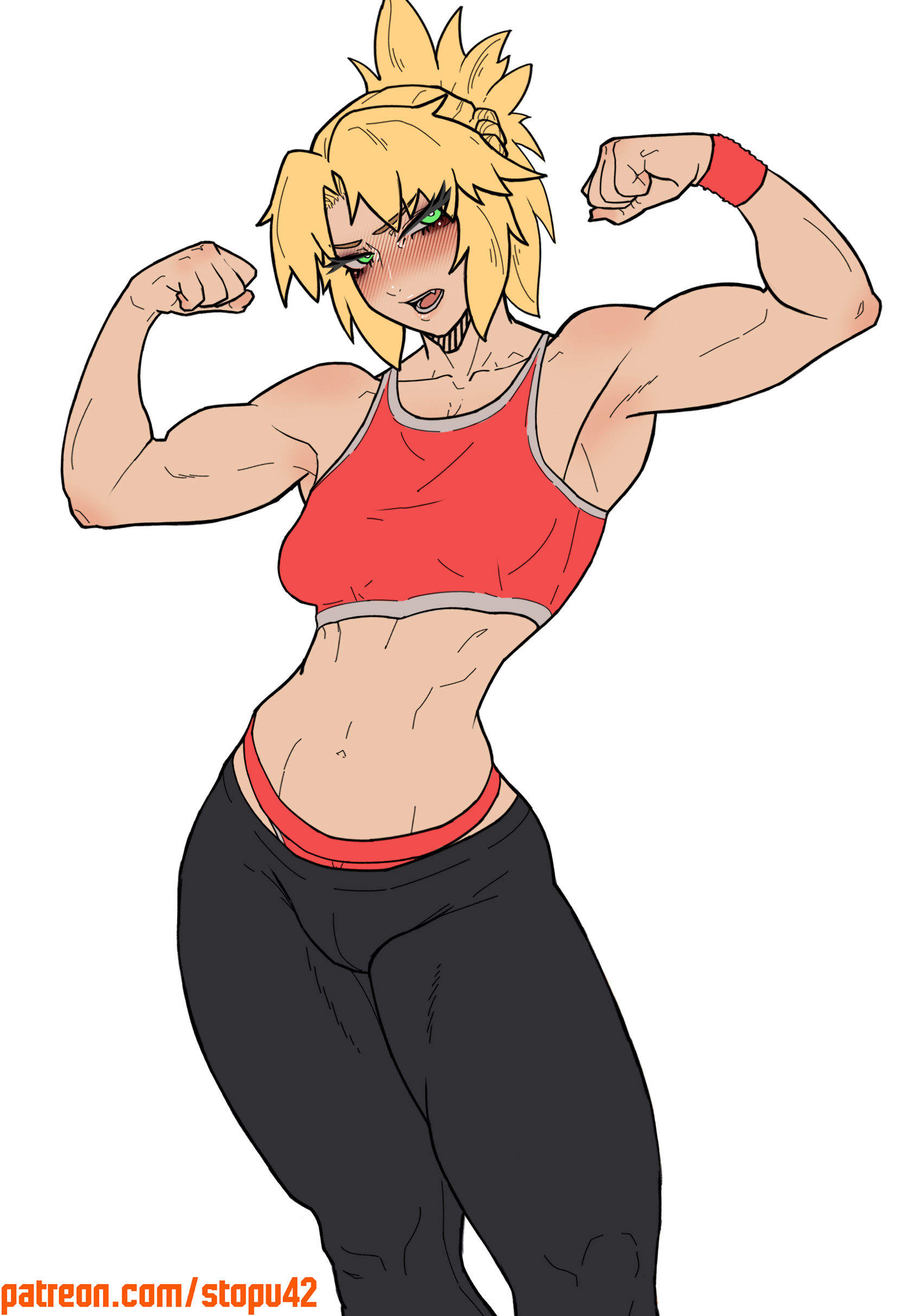 stopu, mordred (fate), fate/apocrypha, fate (series), absurdres, commentary, english commentary, highres, 1girl, abs, bare shoulders, biceps, black pants, blonde hair, blush, bracelet, breasts, clenched hands, collarbone, eyelashes, fang, feet out of frame, green eyes, hands up, jewelry, looking at viewer, medium hair, muscular, muscular female, navel, nose, open mouth, panties, pants, patreon username, red panties, red sports bra, simple background, small breasts, solo, sports bra, sports panties, stomach, teeth, tongue, underwear, white background
