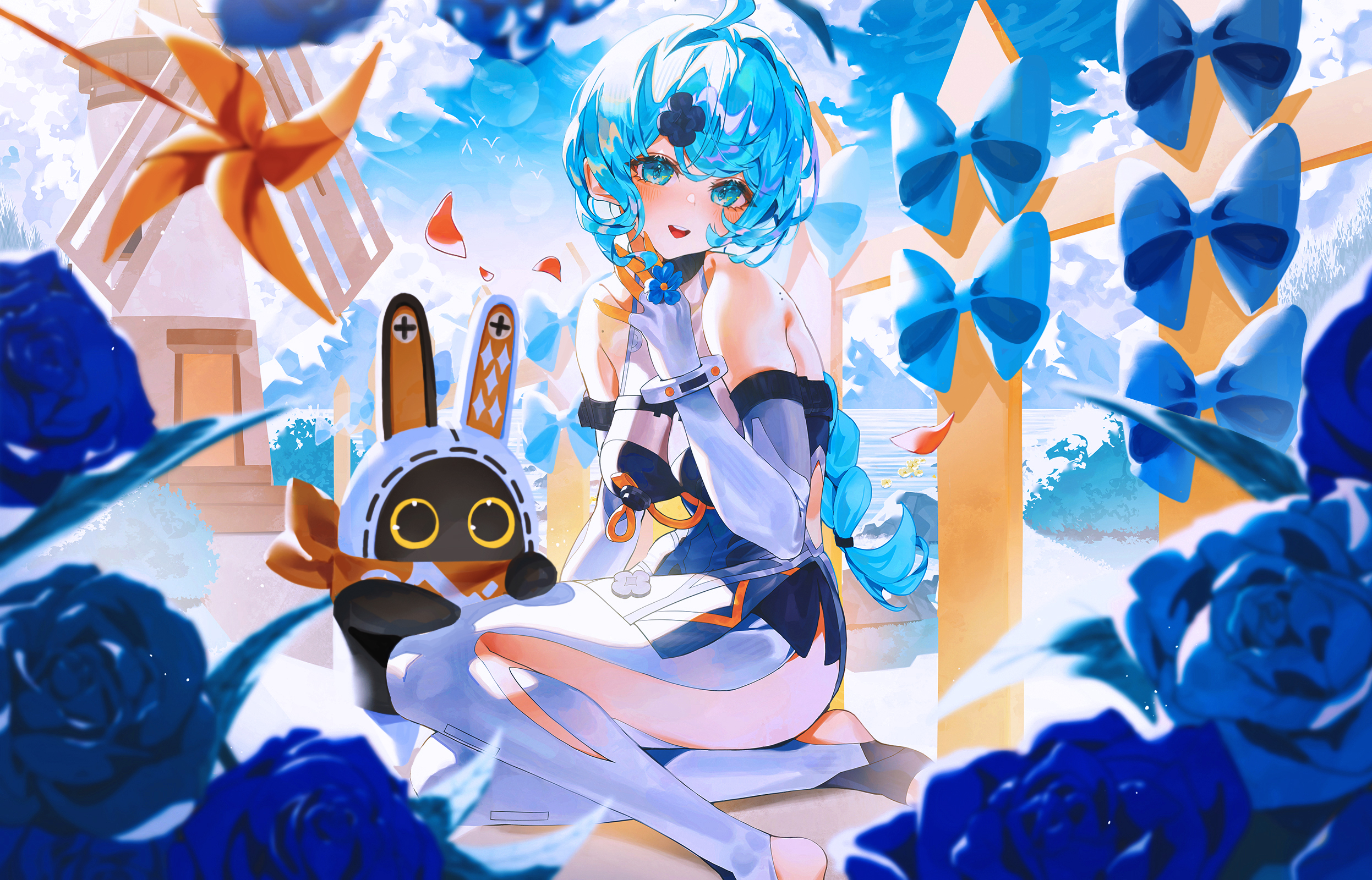 indol, bangboo (zenless zone zero), eous (zenless zone zero), seed (zenless zone zero), zenless zone zero, toeless socks, commentary, highres, revision, 1girl, 1other, bandana, bandana around neck, bare shoulders, blue bow, blue eyes, blue flower, blue hair, blue sky, blush, bow, clothing cutout, cloud, detached sleeves, falling petals, fence, flower, flower hairpin, formal clothes, gloves, hair ornament, hairpin, holding, holding flower, looking at viewer, mole, mole on shoulder, mountain, orange bandana, petals, pinwheel, ponytail, see-through dress layer, side cutout, sitting, sky, smile, solo, suit, teeth, thigh cutout, toeless legwear, upper teeth only, white gloves, white suit, windmill