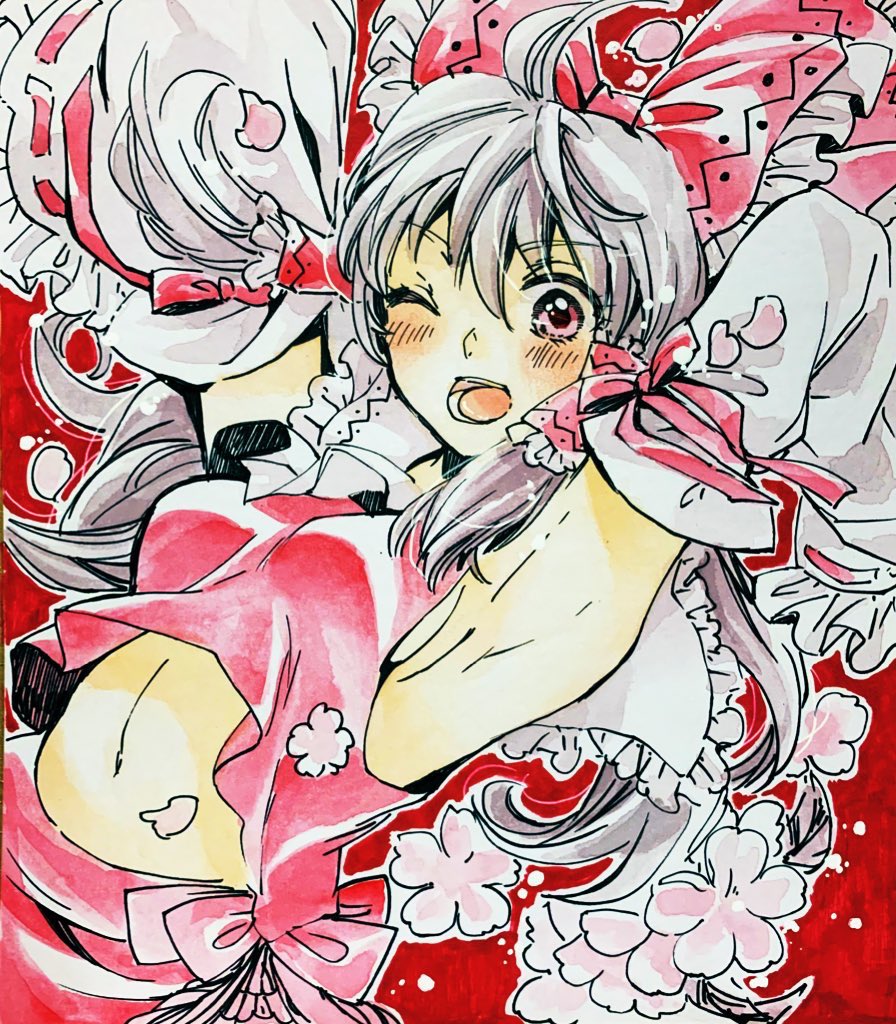 iori (akaringo), hakurei reimu, touhou, 1girl, armpit crease, brown eyes, brown hair, long hair, looking at viewer, navel, open mouth, solo