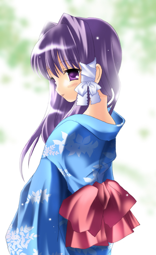 fujibayashi kyou, clannad, 00s, 1girl, blush, bow, closed mouth, expressionless, female focus, from side, hair ribbon, japanese clothes, kimono, looking at viewer, looking to the side, obi, purple eyes, purple hair, red bow, ribbon, sash, sidelocks, solo, upper body, white ribbon