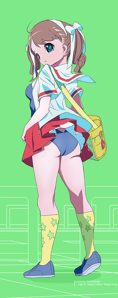 kawasaki kazuhiko, highres, 1girl, ass, blue eyes, brown hair, female focus, one-piece swimsuit, open clothes, open shirt, school uniform, serafuku, shirt, solo, swimsuit, swimsuit under clothes