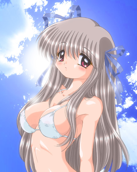 toono minagi, air (visual novel), md5 mismatch, resolution mismatch, source larger, 00s, 1girl, bikini, breasts, cloud, covered erect nipples, day, female focus, grey hair, long hair, medium breasts, red eyes, see-through clothes, sky, solo, swimsuit, white bikini